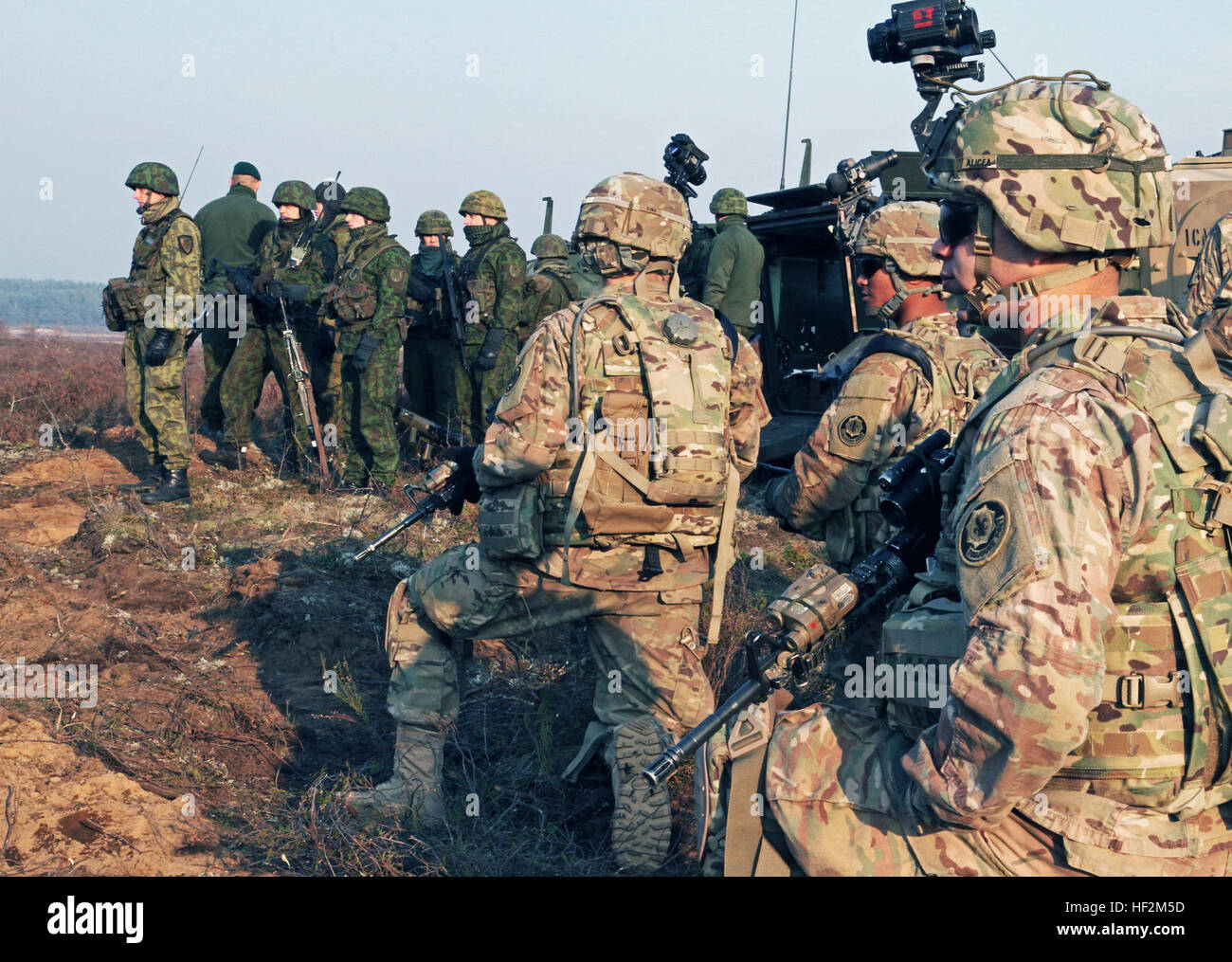 Soldiers assigned to the 1st Brigade Combat Team, 1st Cavalry Division, and their allied partners assigned to the Lithuanian Armed Forces wait to board their vehicles before participating in a combined arms live-fire exercise that demonstrated joint fire capability and maneuvering across firing lines at a military installation near Pabrade, Lithuania, Oct. 30, 2014. These activities are part of the U.S. Army Europe-led Operation Atlantic Resolve land force assurance training taking place across Estonia, Latvia, Lithuania and Poland to enhance multinational interoperability, strengthen relation Stock Photo