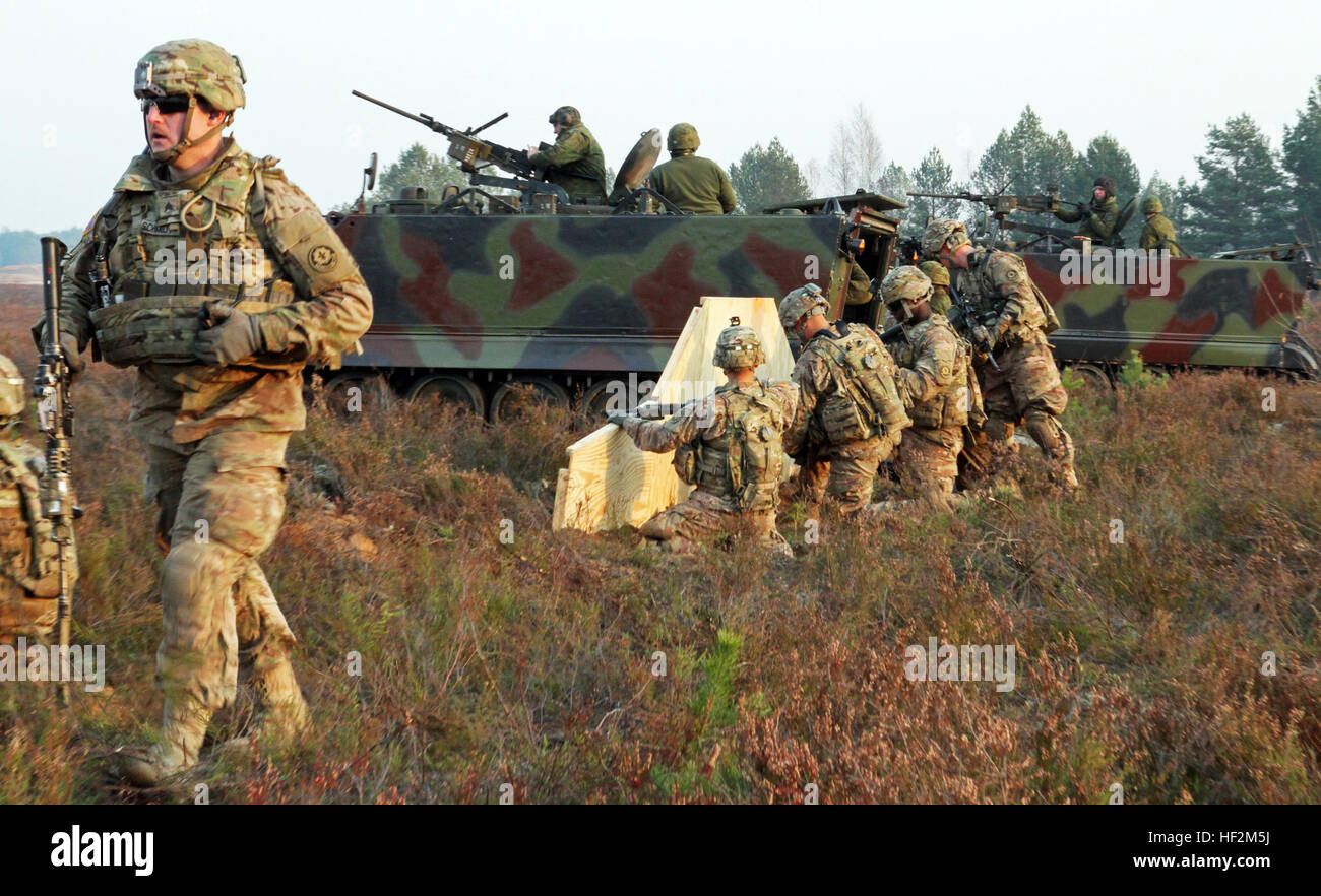 Soldiers assigned to the 1st Brigade Combat Team, 1st Cavalry Division, and their counterparts assigned to the Lithuanian armed forces assemble across the firing line during a combined arms live-fire exercise, that demonstrates joint fire capability and maneuvering across firing lines at a military installation near Pabrade, Lithuania, Oct. 30, 2014. These activities are part of the U.S. Army Europe-led Operation Atlantic Resolve land force assurance training taking place across Estonia, Latvia, Lithuania and Poland to enhance multinational interoperability, strengthen relationships among alli Stock Photo