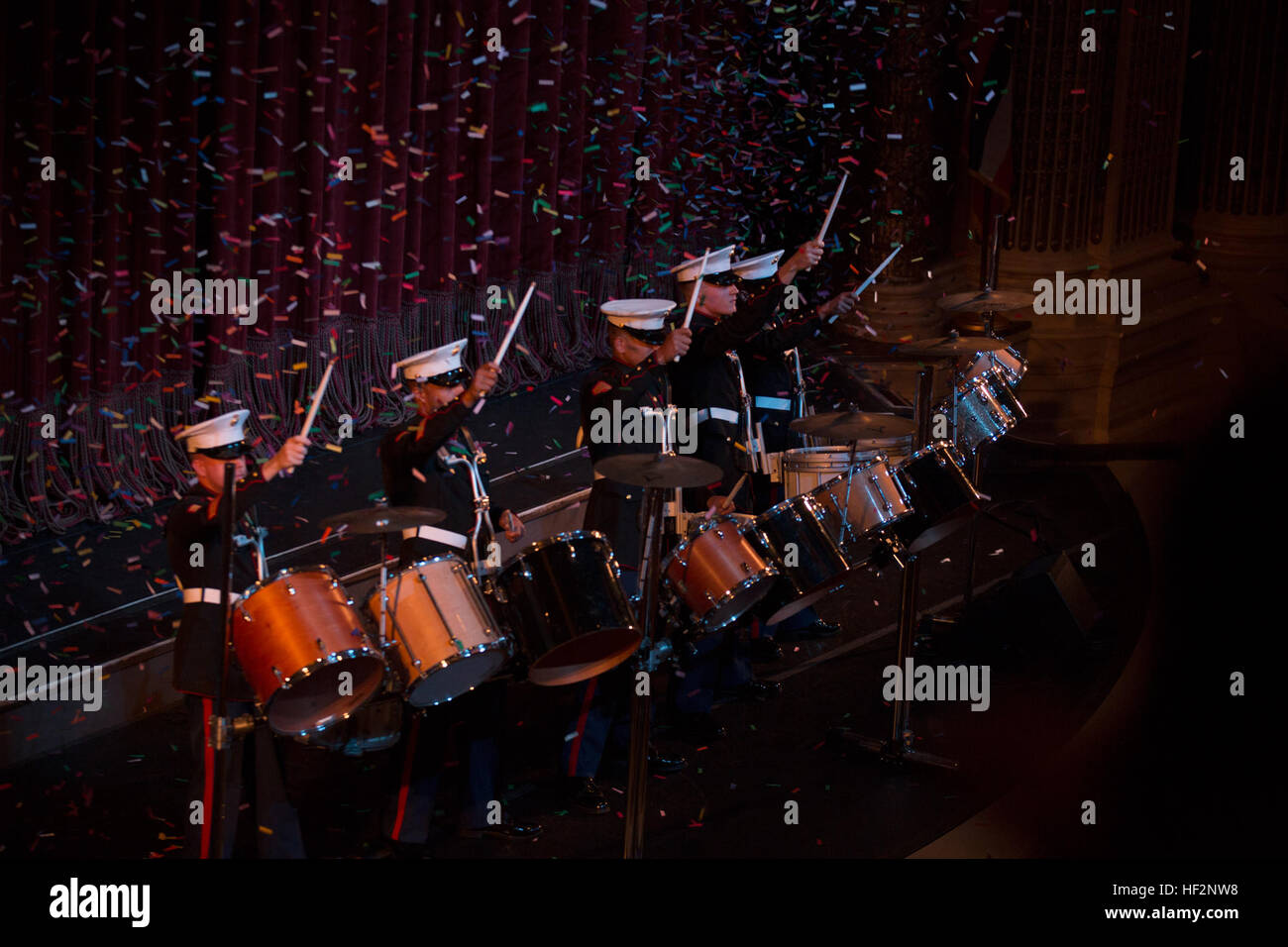 Drumline members of the U.S. Marine Corps, Pacific Band, finish