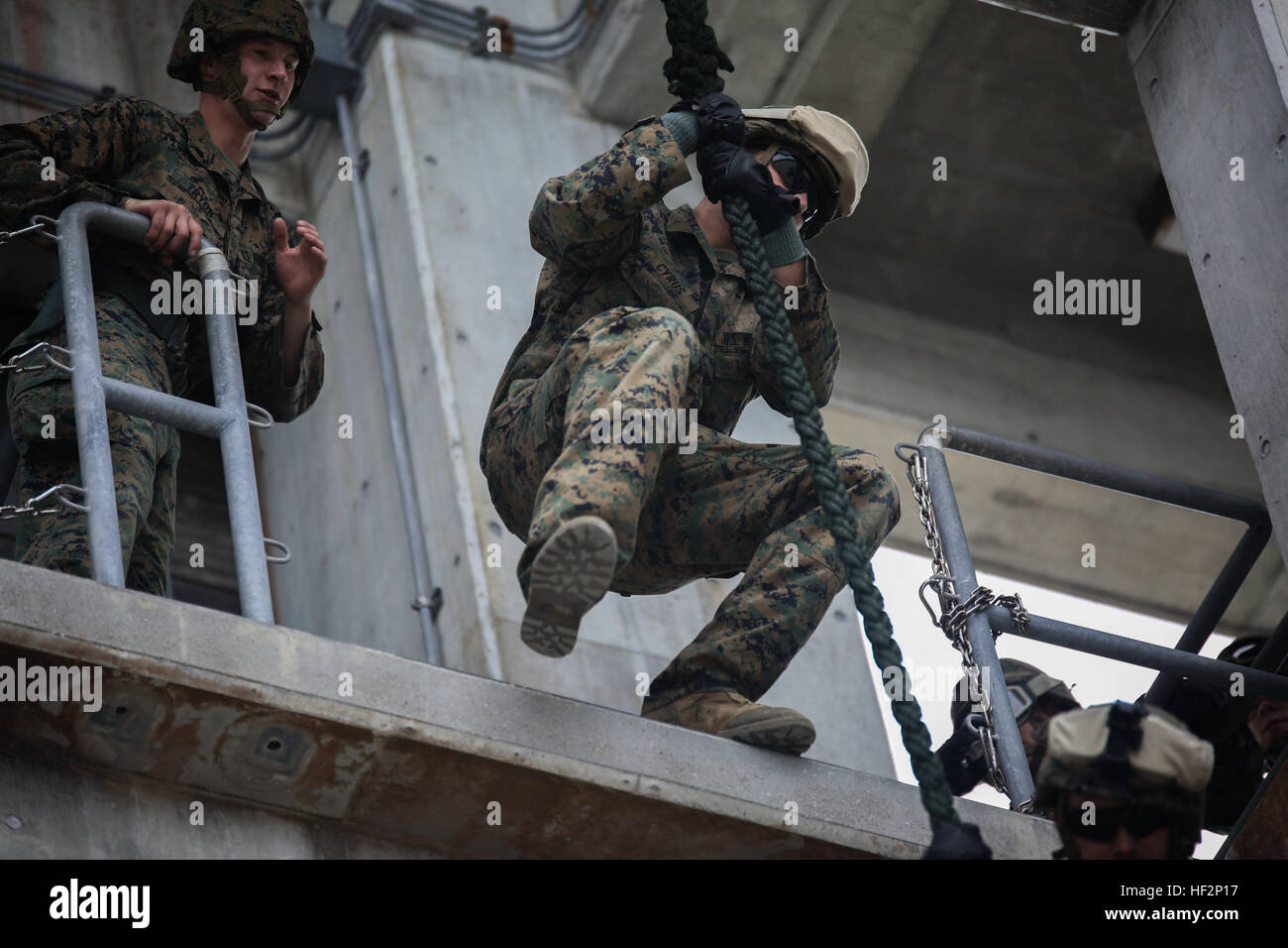 Marines hone their fastroping skills Dec. 3 at the Camp Hansen rappel