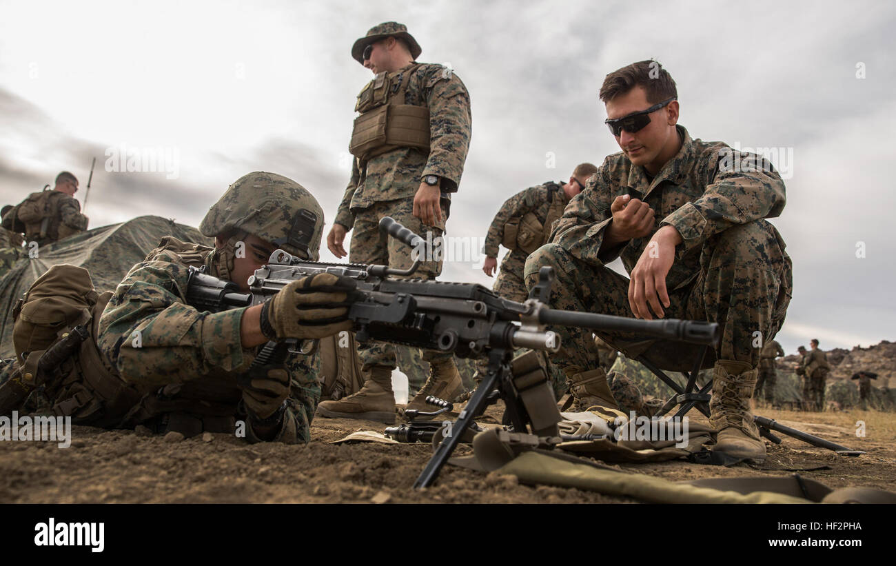 U.S. Marine Lance Cpl. Joseph Burk trains his Marines on weapons