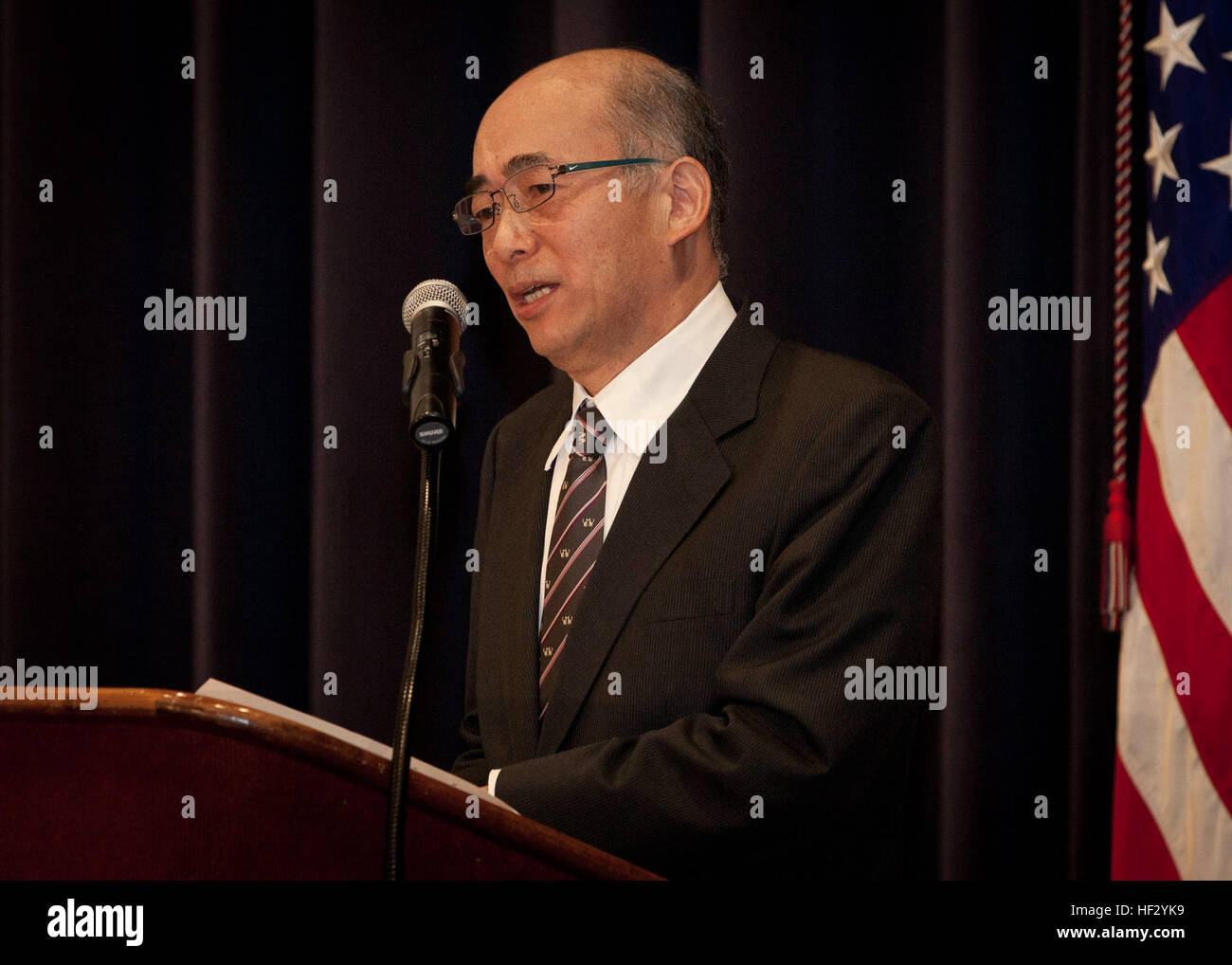 Japanese Ambassador for the United States, Kenishiro Sasae, speaks during an Iwo Jima reunion at Marine Barracks Washington, D.C., Feb. 19, 2015. The event commemorated the 70th Anniversary of the Battle of Iwo Jima with veterans, families, dignitaries and service members. (U.S. Marine Corps photo by Cpl. Lauren L. Whitney/Released) 70th Iwo Jima Reunion 150219-M-GZ082-060 Stock Photo