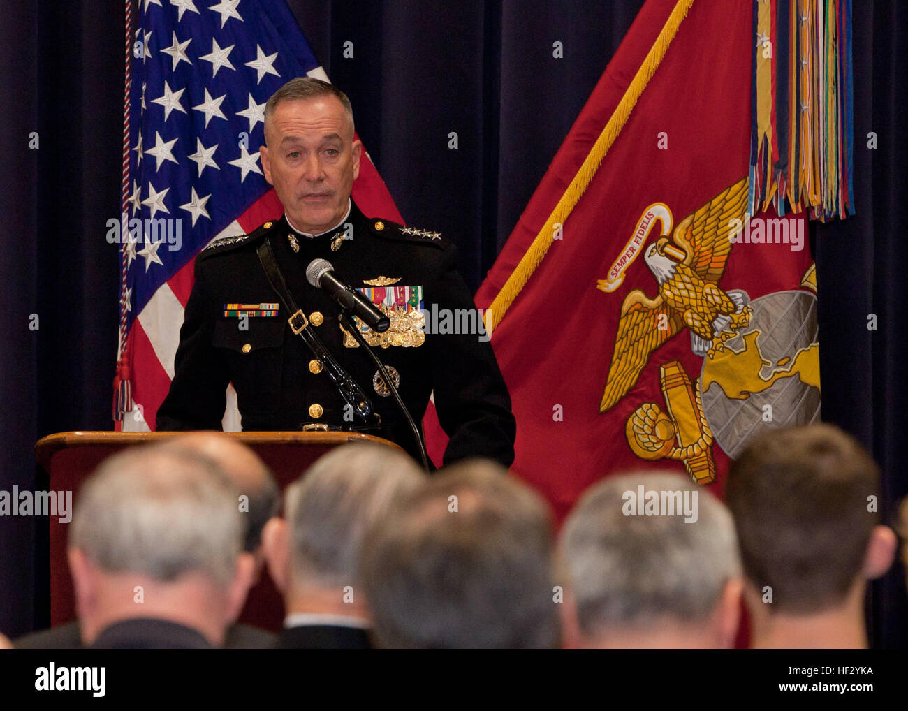 Commandant of the Marine Corps, Gen. Joseph F. Dunford, Jr., speaks during an Iwo Jima reunion at Marine Barracks Washington, D.C., Feb. 19, 2015. The event commemorated the 70th Anniversary of the Battle of Iwo Jima with veterans, families, dignitaries and service members. (U.S. Marine Corps photo by Cpl. Lauren L. Whitney/Released) 70th Iwo Jima Reunion 150219-M-GZ082-083 Stock Photo