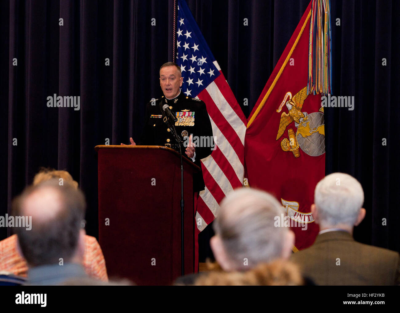 Commandant of the Marine Corps, Gen. Joseph F. Dunford, Jr., speaks during an Iwo Jima reunion at Marine Barracks Washington, D.C., Feb. 19, 2015. The event commemorated the 70th Anniversary of the Battle of Iwo Jima with veterans, families, dignitaries and service members. (U.S. Marine Corps photo by Cpl. Lauren L. Whitney/Released) 70th Iwo Jima Reunion 150219-M-GZ082-085 Stock Photo