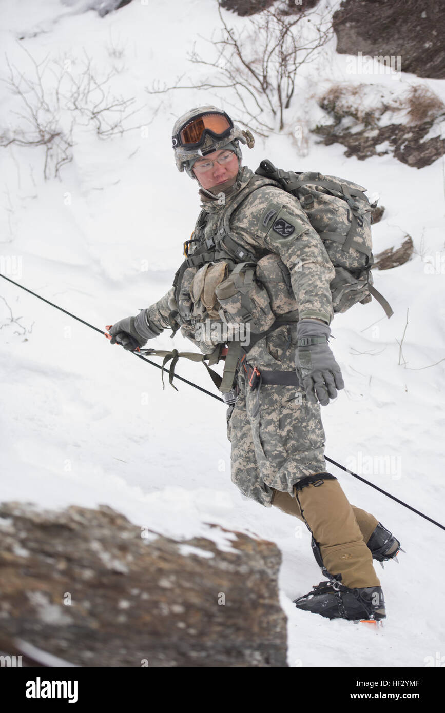 A Soldier attending the U.S. Army Mountain Warfare School in Jericho