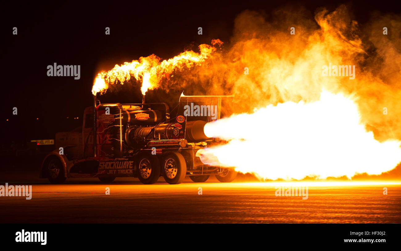 As part of the annual Yuma Airshow, Shockwave Jet Truck driver Chris Darnell delivers a high-octane performance in front of Twilight Show spectators on the flight line at Marine Corps Air Station, Yuma, Ariz., Friday, Feb. 27, 2015. MCAS Yuma Twilight Show 150227-M-UQ043-524 Stock Photo