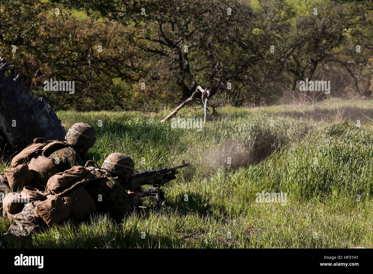 U.S. Marines with Battalion Landing Team 3rd Battalion, 1st Marine Division, 15th Marine Expeditionary Unit, fire a 240B medium machinegun during Amphibious Squadron/Marine Expeditionary Unit Integration Training (PMINT) aboard Camp Pendleton, Calif., March 5, 2015. The Marines of BLT 3/1 used PMINT to hone their skills in a field environment to improve their combat effectiveness as a unit.    (U.S. Marine Corps photo by Sgt. Jamean Berry/Released) 15th MEU Marines sharpen their combat skills 150307-M-GC438-374 Stock Photo