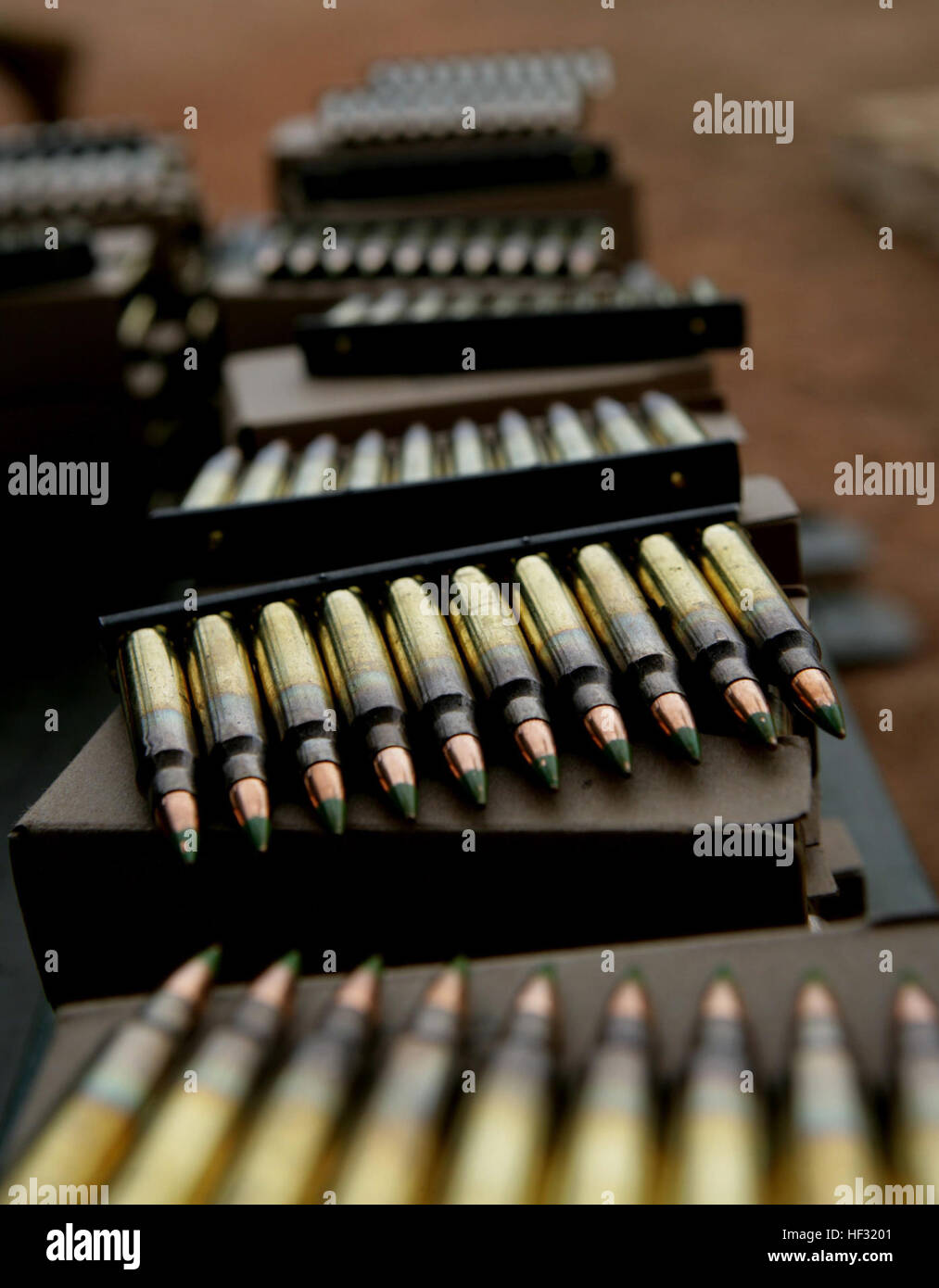 BEMBEREKE, Benin - 5.56 rounds await their use during a live fire training exercise here, June 13. The live fire evolution is part of an Exercise SHARED ACCORD 09 training evolution.  SHARED ACCORD is a scheduled 15-day, bilateral U.S.-Benin training event designed to improve interoperability and mutual understanding of each nation’s tactics, techniques and procedures.  The training will focus on individual and crew served weapons proficiency and small unit training tactics, techniques and procedures as well as company and battalion level staff training.  Additionally, SA09 will involve variou Stock Photo