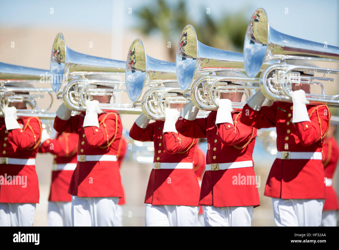 The United States Marine Drum and Bugle Corps performs aboard Marine Corps Logistics Base The United States Marine Drum and Bugle Corps performs aboard Marine Corps Logistics Base
