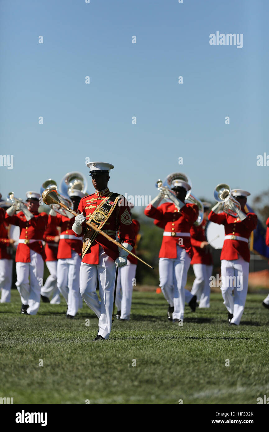 The drum major of the Drum and Bugle Corps marches during a performance