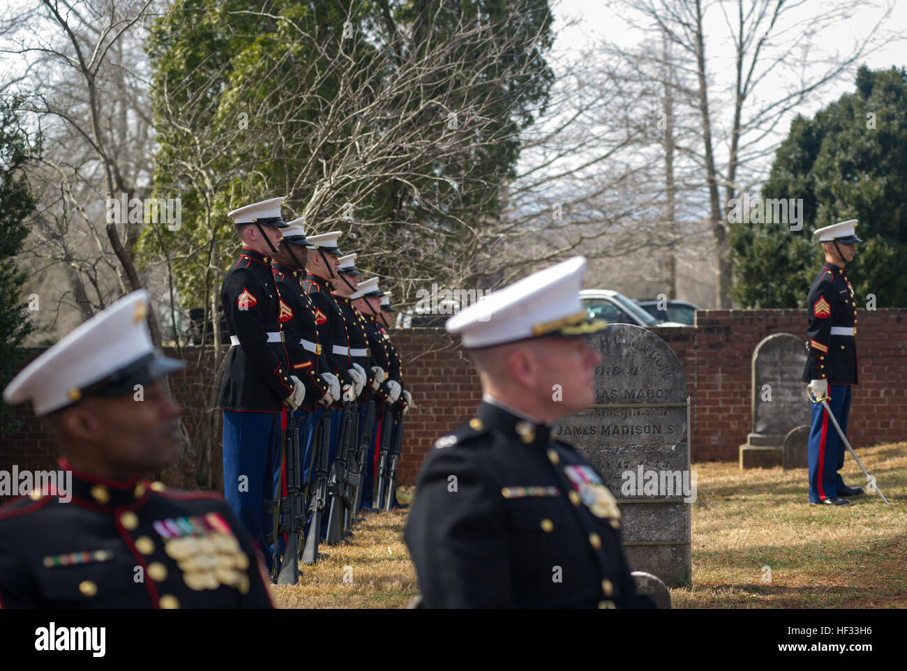 U.S. Marines with Marine Corps Base Quantico's Rifle Detail stand at parade rest during the Presidential wreath laying ceremony held at the final resting place of the 4th President of the United States, James Madison, also known as the Father of the Constitution, at his home at Montpelier, Orange, Va., March 16, 2015. This event was held in commemoration of the 264th anniversary of the birthdate of Madison, and has also been decreed as James Madison Appreciation Day for the Commonwealth of Virginia. (Official United States Marine Corps photo by Kathy Reesey/Released) Madison Wreath Laying Cere Stock Photo
