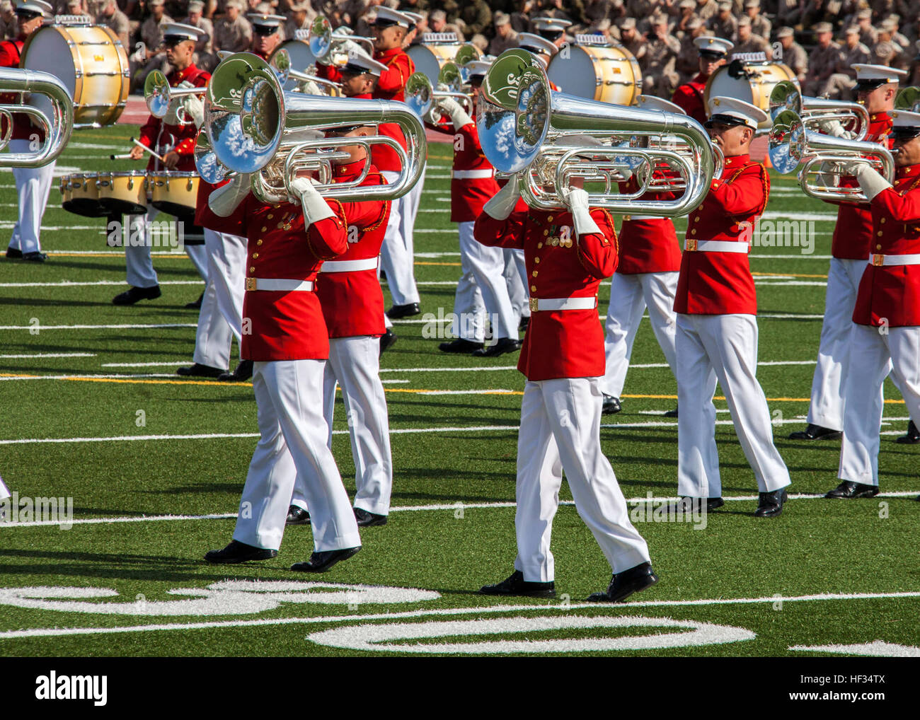 The U.S. Marine Drum and Bugle Corps performs during a Battle Color