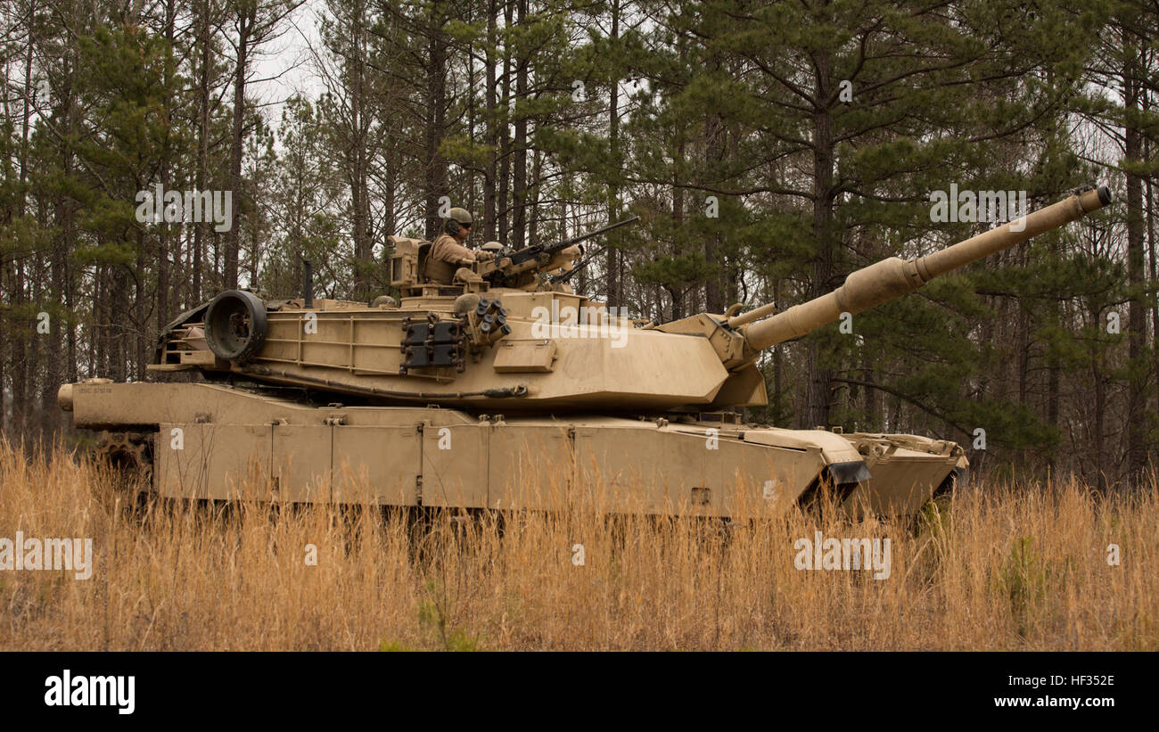 Marines with 2nd Tank Battalion, 2nd Marine Division, provide security in an M1 Abrams Main Battle Tank for the rest of the Marines coming in to the Tactical Assembly Area during their Marine Corps Combat Readiness Evaluation aboard Fort Pickett, Va., March 25, 2015. The unit mobilized and setup a TAA, allowing them to complete their mission essential tasks while out in the field. (U.S. Marine Corps photo by Cpl. Justin T. Updegraff/Released) On the move, 2nd Tank Battalion conducts tactical road march 150325-M-TV331-046 Stock Photo