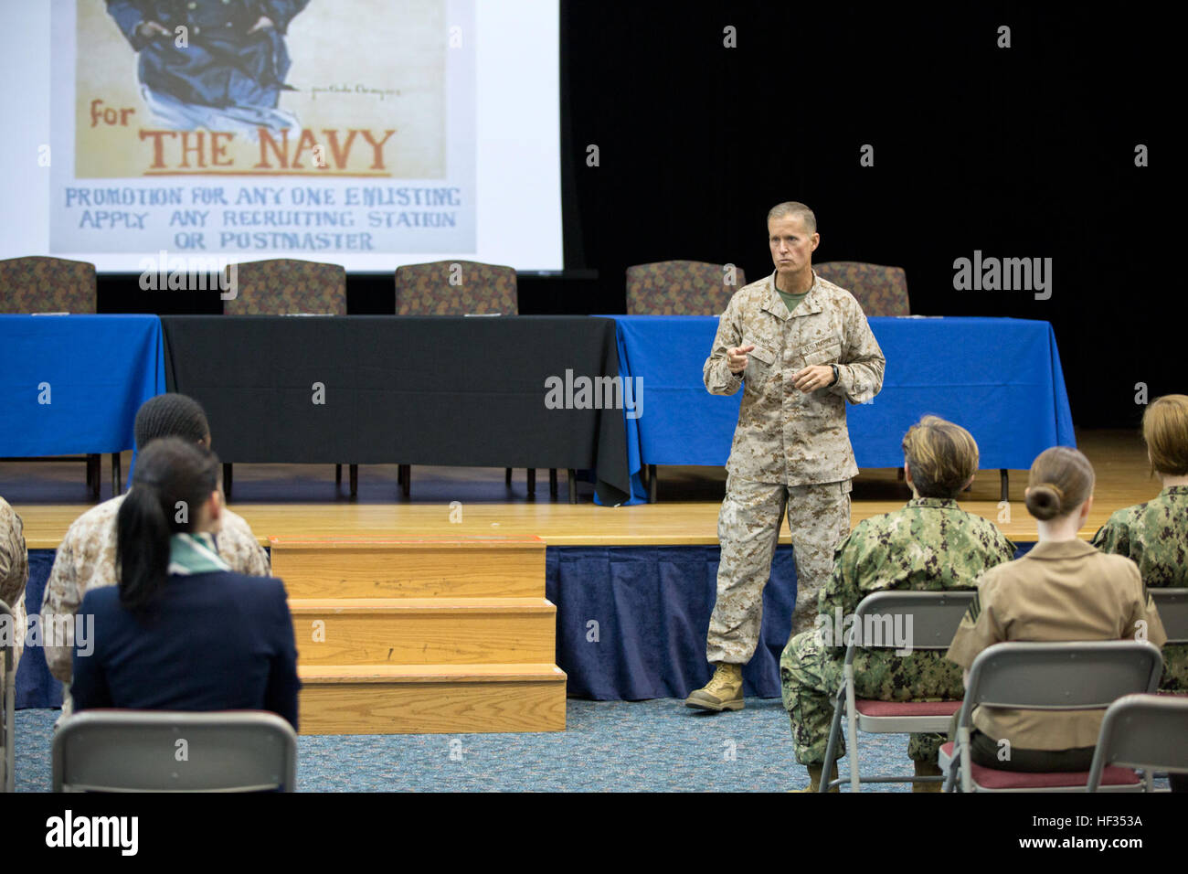 U.S. Marine Corps Maj. Gen. Carl E. Mundy III, commanding general, Command Element Marine Forces Central Command Forward, speaks at the 2015 Women's History Symposium aboard Naval Support Activity Bahrain, March 26, 2015. The symposium was held to discuss the role and achievements of women in the military and U.S. Department of State. (U.S. Marine Corps photo by Cpl. Sean Searfus CE MARFOR CENTCOM FWD COMCAM / Released) CE MARFOR CENTCOM FWD Women's History Symposium 150326-M-VH365-001 Stock Photo
