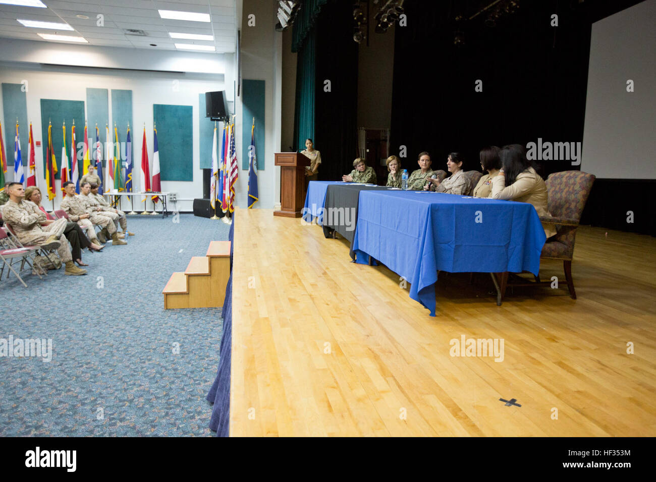 U.S. Marine Corps Lt. Col. Marta Moellendick, assistant chief of staff for administration, Command Element Marine Forces Central Command Forward, speaks at the 2015 Women's History Symposium aboard Naval Support Activity Bahrain, March 26, 2015. The symposium was held to discuss the role and achievements of women in the military and U.S. Department of State. (U.S. Marine Corps photo by Cpl. Sean Searfus CE MARFOR CENTCOM FWD COMCAM / Released) CE MARFOR CENTCOM FWD Women's History Symposium 150326-M-VH365-058 Stock Photo