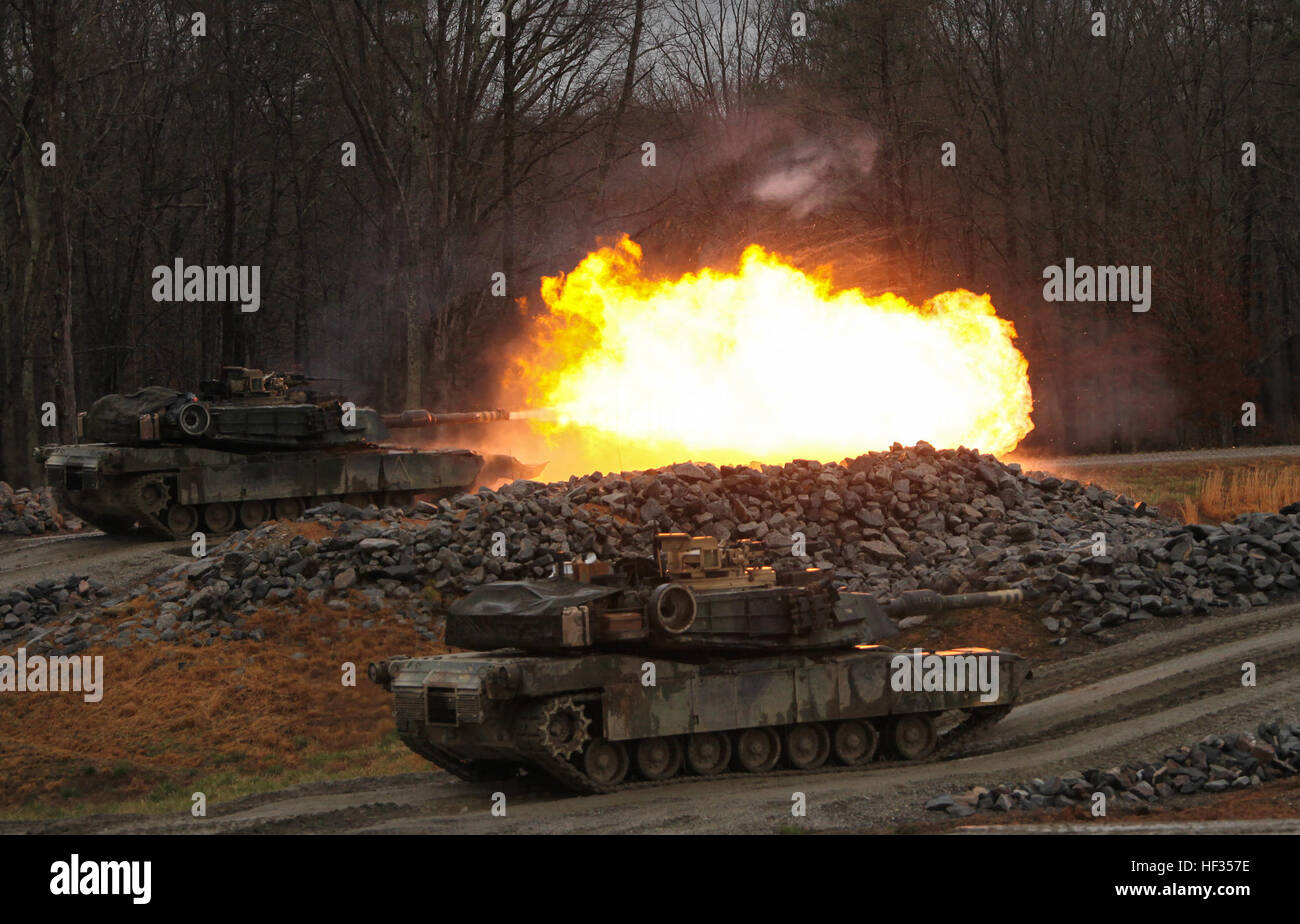 An M1A1 Abrams tank with 2nd Tank Battalion, 2nd Marine Division fires