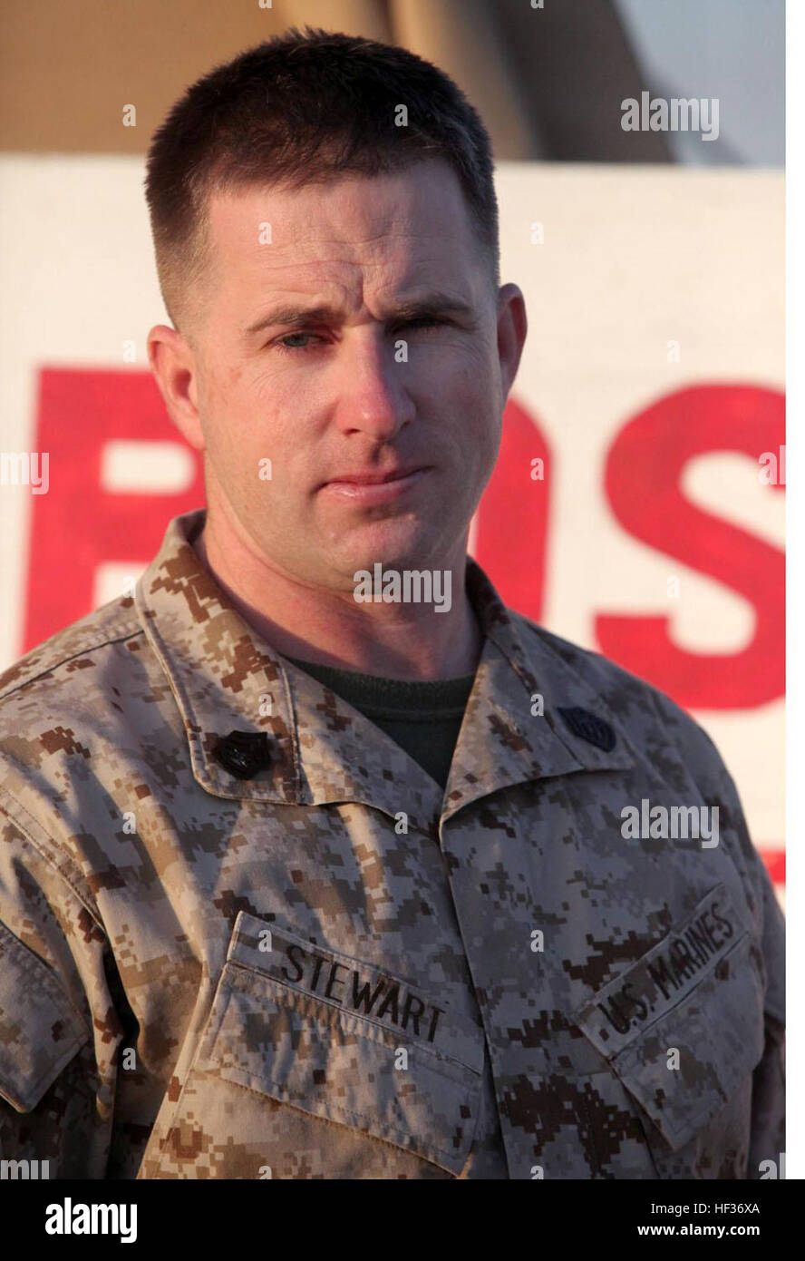 The Regimental Combat Team 6 Marine of the day is Gunnery Sgt. Mark Stewart, 34, camp commandant, from Fort Worth, Texas.   Stewart joined the Marine Corps in June 1997.  Stewart originally went to college with a full scholarship to Texas A&M for the sport of shooting. After the school took the money for the shooting team and rolled it into the women’s volleyball program, he went back home and decided to join the Marine Corps.  “Ever since I was a little kid I wanted to join the military. After I lost my scholarship it seemed like a good time to join,” Stewart laughed. “I’ve been here ever sin Stock Photo