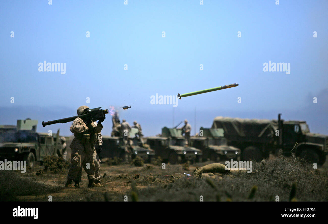 U.S. Marines from 3rd Low Altitude Air Defense (LAAD) Battalion fire FIM-92A Stinger Weapon System missiles during training at San Clemente Island, Calif., July 28, 2009. Marines from 3rd LAAD are engaged in sustainment training to prepare for future deployments. (U.S. Marine photo by Lance Cpl. Meghan Gonzales/Released) FIM-92A missile launch Stock Photo