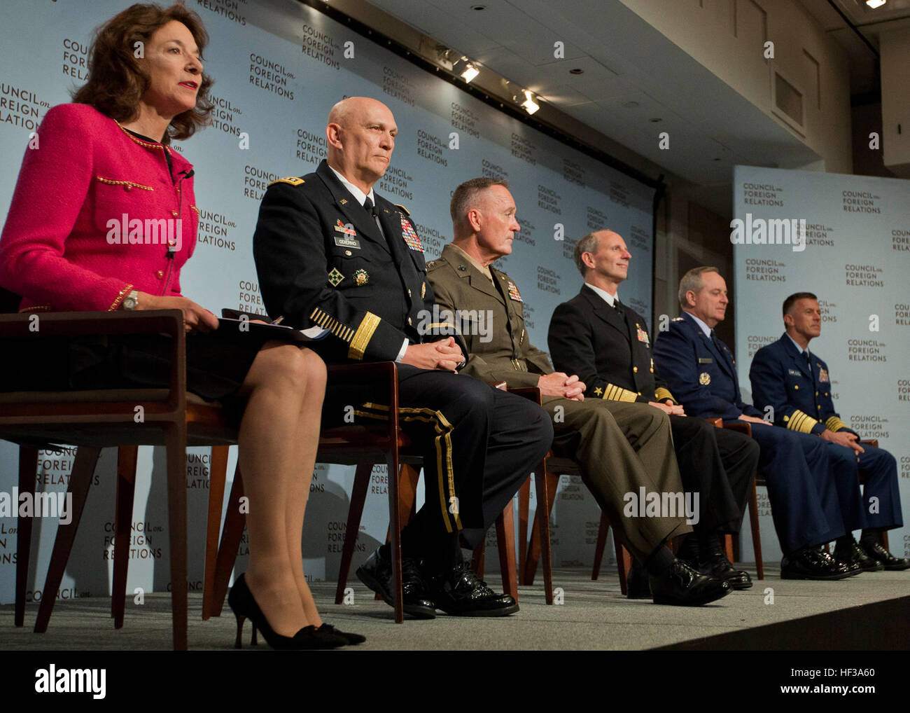 From left to right. Council on Foreign Relations counsel member, Mary M. Boies; Chief of Staff of the Army, Gen. Raymond T. Odierno; Commandant of the Marine Corps, Gen. Joseph F. Dunford, Jr.; Chief of Naval Operations, Adm. Jonathan W. Greenert; Chief of Staff of the Air Force, Gen. Mark A. Welsh III, and Commandant of the Coast Guard, Adm. Paul F. Zukunft attend the Robert B. McKeon Endowed Series on Military Strategy and Leadership panel at the Council on Foreign Relations, New York, N.Y., May 12, 2015. The Robert B. McKeon Series on Military Strategy and Leadership featured prominent indi Stock Photo
