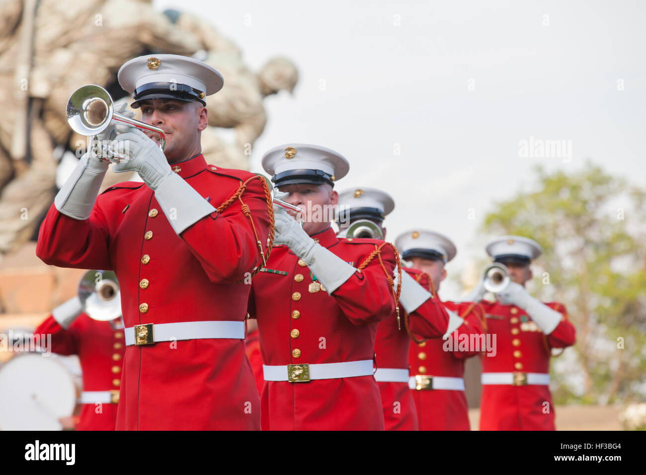 U.S. Marines with the U.S. Marine Corps Drum and Bugle Corps perform