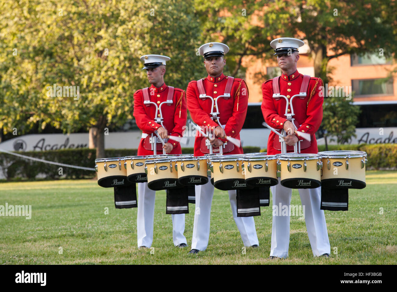 U.S. Marines with the U.S. Marine Corps Drum and Bugle Corps perform