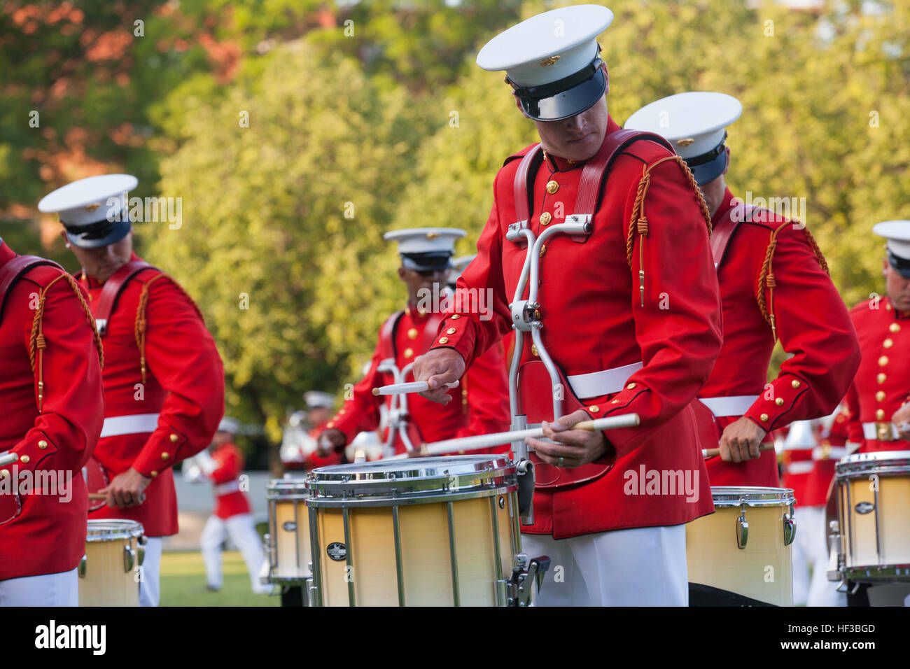 U.S. Marines with the U.S. Marine Corps Drum and Bugle Corps perform
