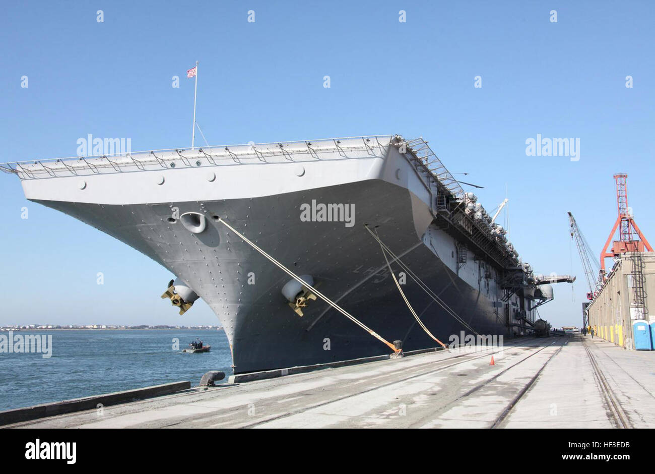 The USS Bataan sits in port at Morehead City, N.C., as Marines and