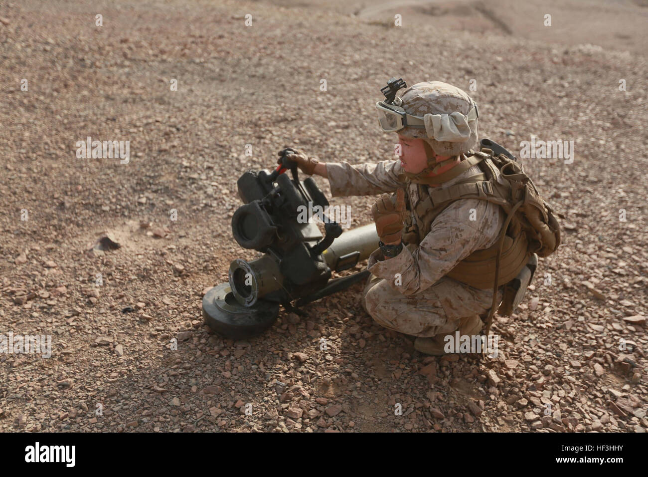ARTA BEACH, Djibouti (July 28, 2015) U.S. Marine Lance Cpl. Steven Benavidez prepares a Javelin shoulder-fired anti-tank missile system for use during sustainment training. Benavidez is a scout with Combined Anti-Armor Team 1, Weapons Company, Battalion Landing Team 3rd Battalion, 1st Marine Regiment, 15th Marine Expeditionary Unit. Elements of the 15th MEU are ashore in Djibouti for sustainment training to maintain and enhance the skills they developed during their pre-deployment training period.  The 15th MEU is currently deployed in support of maritime security operations and theater securi Stock Photo