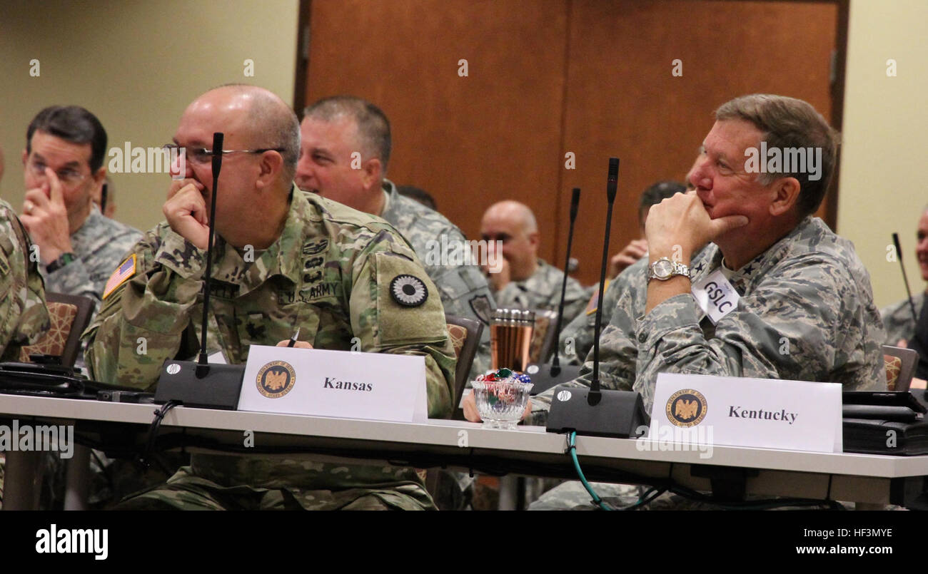 Army Maj. Gen. Lee Tafanelli, adjutant general, the Kansas National Guard, and Air Force Maj. Gen. Edward Tonini, adjutant general, the Kentucky National Guard, are at the National Guard Bureau Senior Leadership Conference, in Colorado Springs, Colo., Oct. 28, 2015. (U.S. Army National Guard photo by Master Sgt. Paul Mouilleseaux) (Released) National Guard Bureau Senior Leadership Conference 151028-Z-LZ234-003 Stock Photo