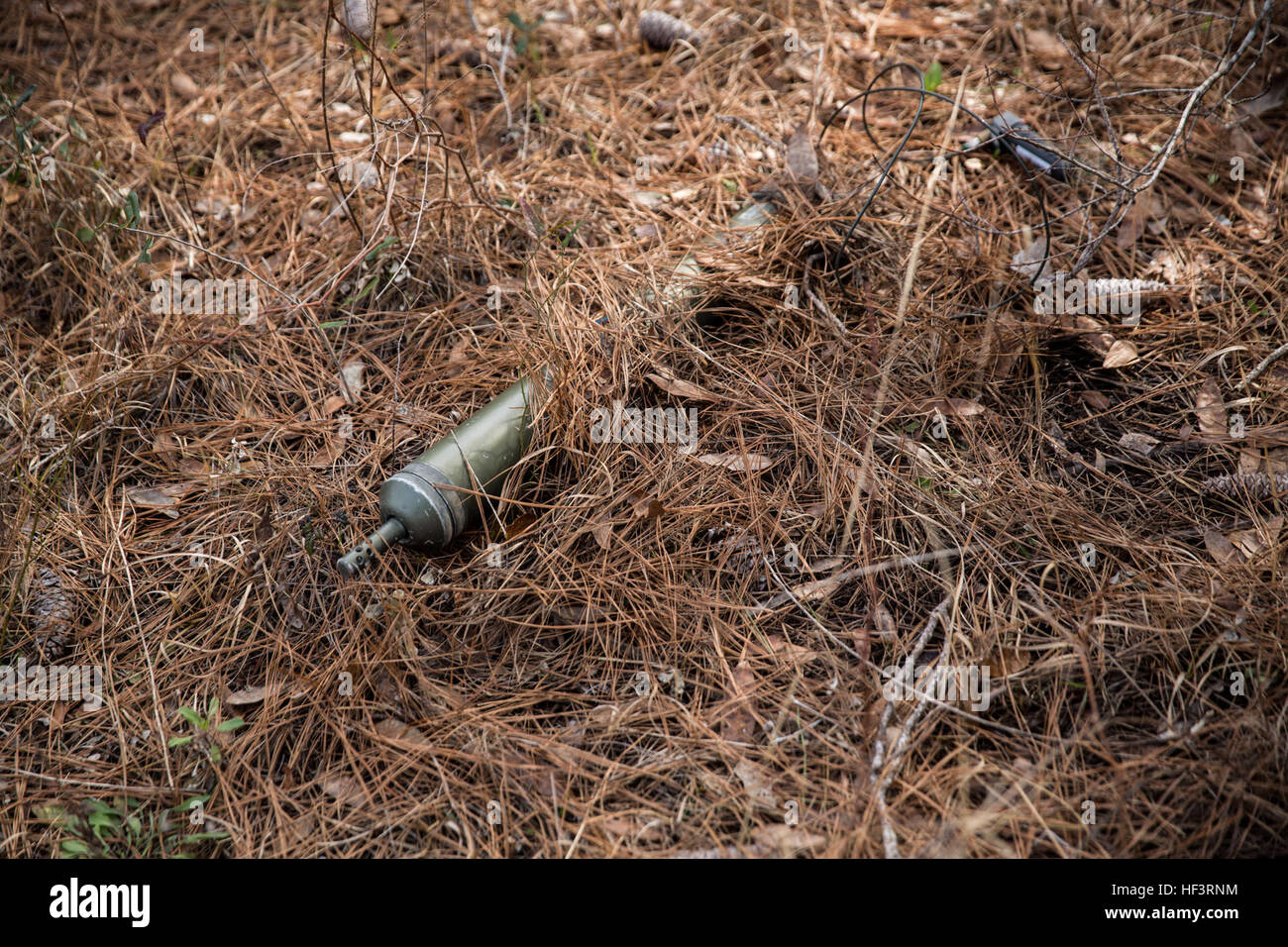 An improvised explosive device (IED) is hidden in the brush during IED training on Marine Corps Outlying Field Atlantic, N.C., Feb. 15, 2016. 2d Low Altitude Air Defense Battalion, Marine Medium Tiltrotor Squadron 264 (reinforced), conducted the training in preparation for deployment with the 22nd Marine Expeditionary Unit. (U.S. Marine Corps photo by Cpl. Jodson B. Graves/Released) 2D LAAD Pre-Deployment Training 160217-M-SW506-193 Stock Photo