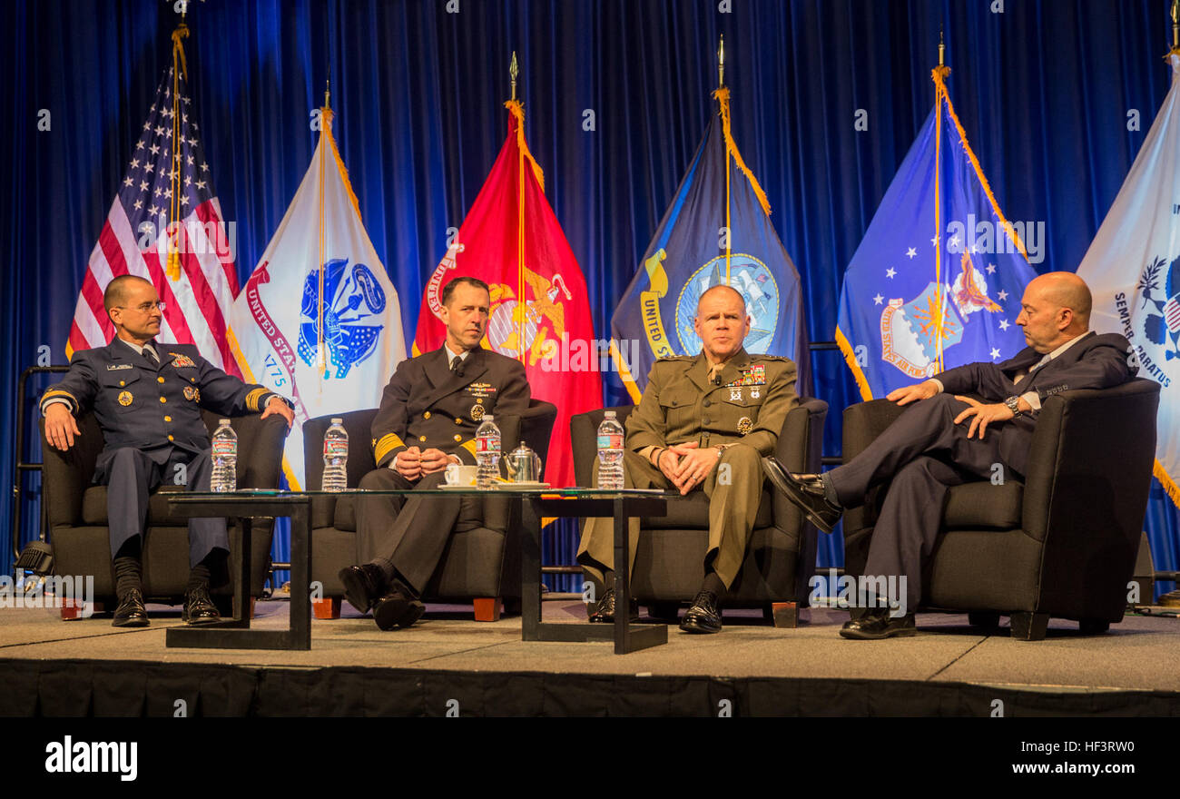 Commandant of the Marine Corps Gen. Robert B. Neller, speaks on the Marine Corps’ current operational tempo, while Vice Commandant of the Coast Guard Vice Adm. Charles D. Michel, left center, Chief of Naval Operations Adm. John M. Richardson, left, and retired Adm. James Stavridis, right, listen during the WEST 2016 Conference at the San Diego Convention Center, Feb. 19, 2016. The purpose of the conference was for service members to come together and discuss strategic military concepts and training, as well as meet with companies that can assist in making their concepts a reality.  (U.S. Marin Stock Photo