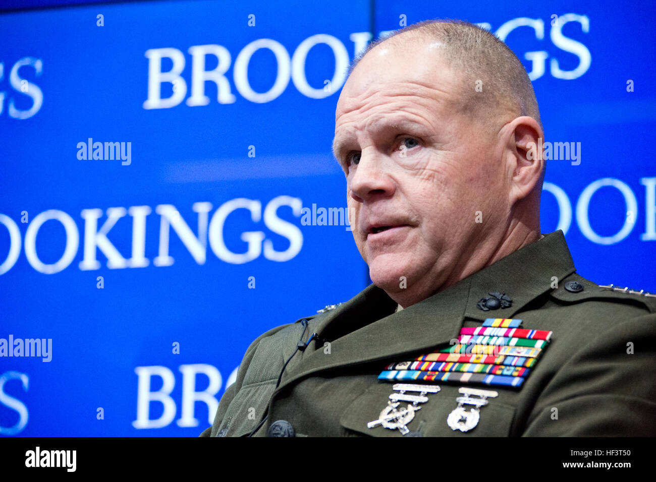 Commandant of the Marine Corps Gen. Robert B. Neller, speaks at an event with the Center for 21st Century Security and Intelligence at the Brookings Institution, Washington, D.C., Feb. 26, 2016. Neller, the Secretary of the Navy Ray Mabus, and Chief of Naval Operations Adm. John M. Richardson discussed the future maritime concepts, strategies and technologies with Michael O'Hanlon as the moderator. (U.S. Marine Corps photo by Staff Sgt. Gabriela Garcia/Released) CMC at Brookings 160226-M-SA716-016 Stock Photo