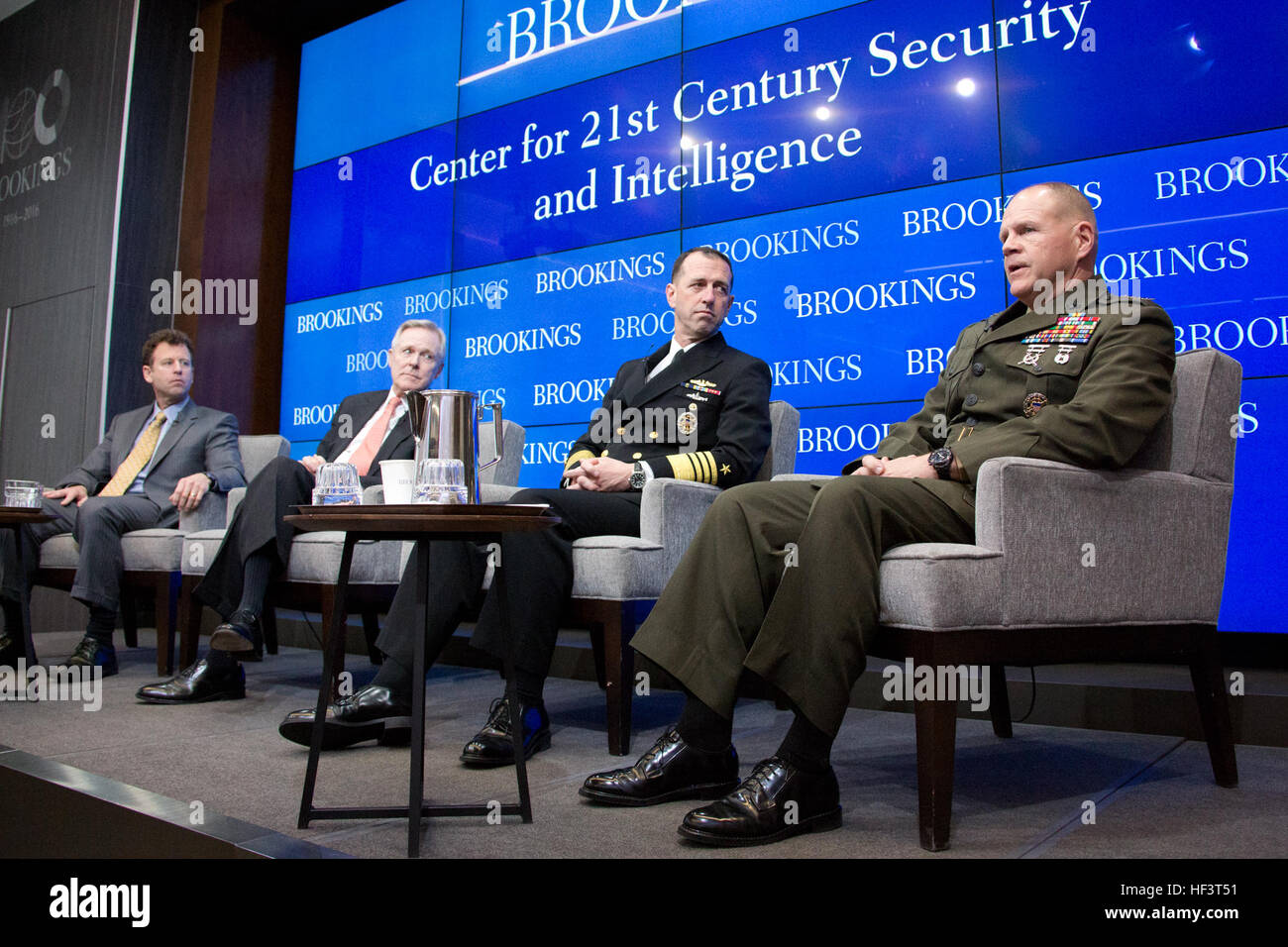 From left, Michael O'Hanlon, Secretary of the Navy Ray Mabus, and Chief of Naval Operations Adm. John M. Richardson listen to Commandant of the Marine Corps Gen. Robert B. Neller, during an event with the Center for 21st Century Security and Intelligence at the Brookings Institution, Washington, D.C., Feb. 26, 2016. Mabus, Richardson, and Neller discussed the future maritime concepts, strategies and technologies with O'Hanlon as the moderator. (U.S. Marine Corps photo by Staff Sgt. Gabriela Garcia/Released) CMC at Brookings 160226-M-SA716-017 Stock Photo
