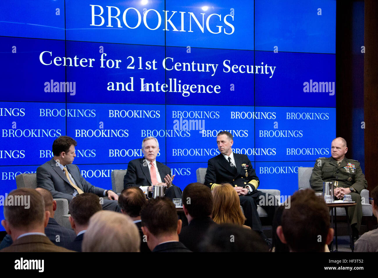 From second left, Secretary of the Navy Ray Mabus, and Chief of Naval Operations Adm. John M. Richardson and Commandant of the Marine Corps Gen. Robert B. Neller, attend the Center for 21st Century Security and Intelligence with Michael O'Hanlon, left, at the Brookings Institution, Washington, D.C., Feb. 26, 2016. Mabus, Richardson, and Neller discussed the future maritime concepts, strategies and technologies with O'Hanlon as the moderator. (U.S. Marine Corps photo by Staff Sgt. Gabriela Garcia/Released) CMC at Brookings 160226-M-SA716-030 Stock Photo