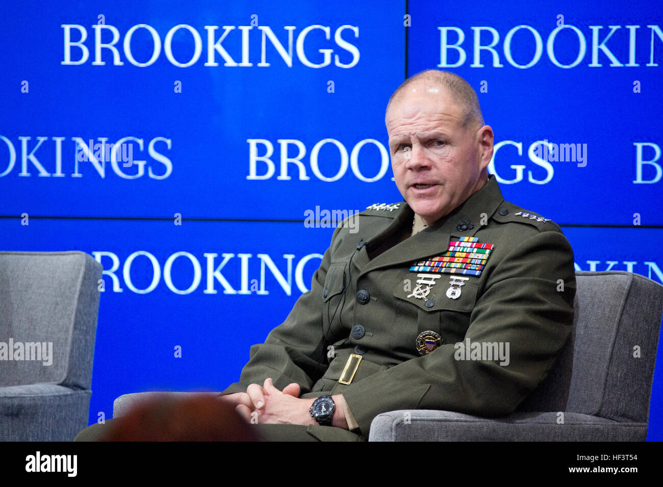 Commandant of the Marine Corps Gen. Robert B. Neller, speaks during an event with the Center for 21st Century Security and Intelligence at the Brookings Institution, Washington, D.C., Feb. 26, 2016. Neller, the Secretary of the Navy Ray Mabus, and Chief of Naval Operations Adm. John M. Richardson discussed the future maritime concepts, strategies and technologies with Michael O'Hanlon as the moderator. (U.S. Marine Corps photo by Staff Sgt. Gabriela Garcia/Released) CMC at Brookings 160226-M-SA716-042 Stock Photo