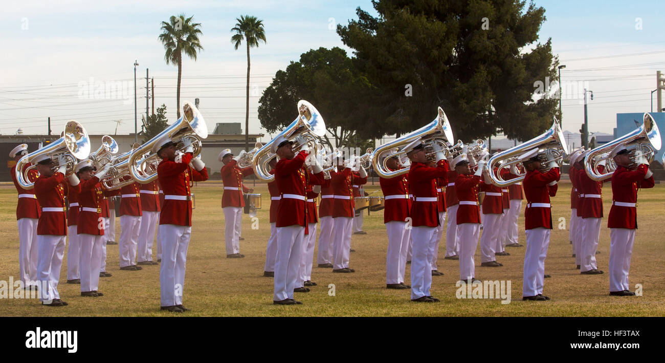The United States Marine Drum & Bugle Corps holds a performance in