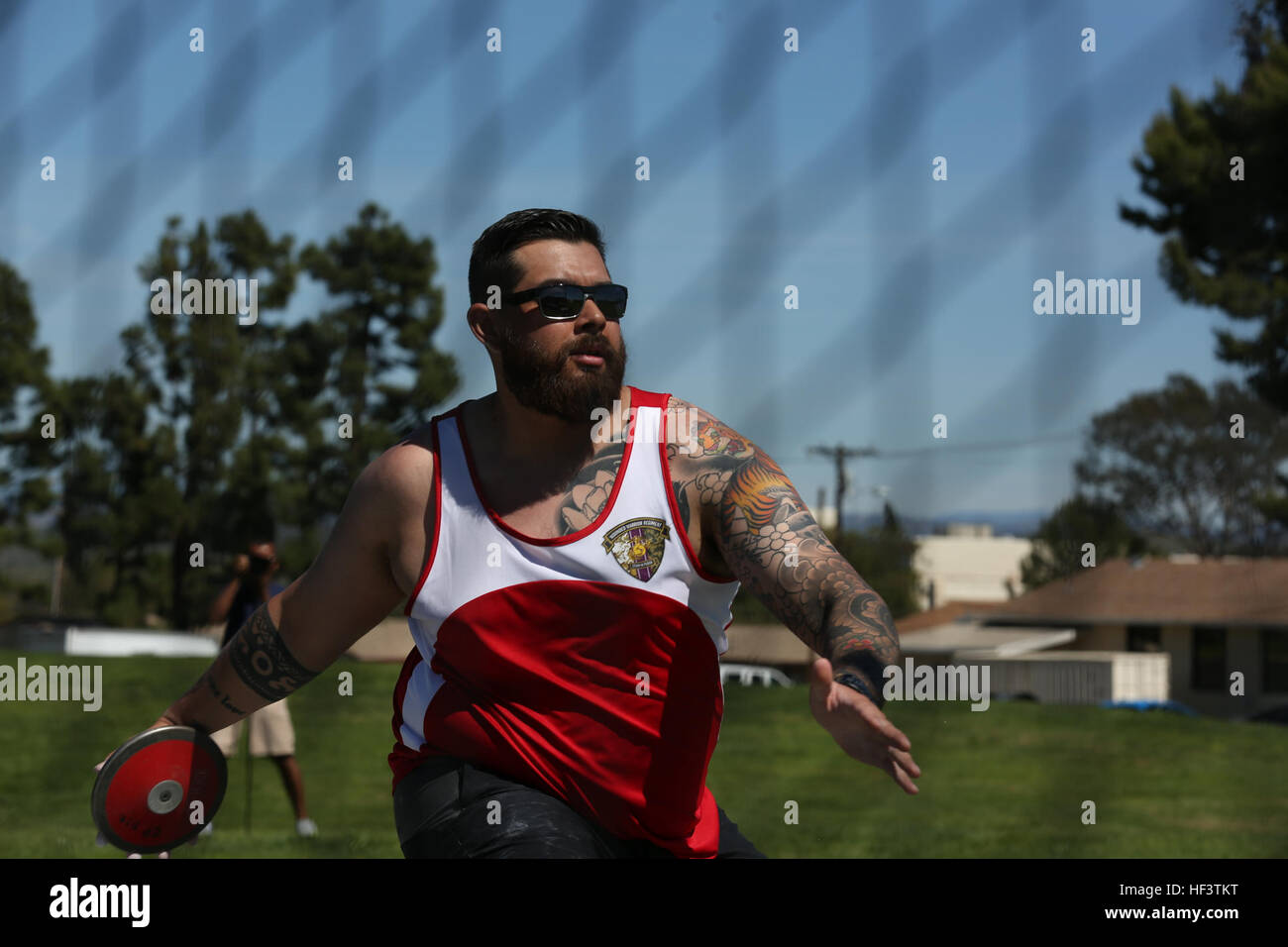 A Marine Corps veteran competes in discus at the Marine Corps Trials ...