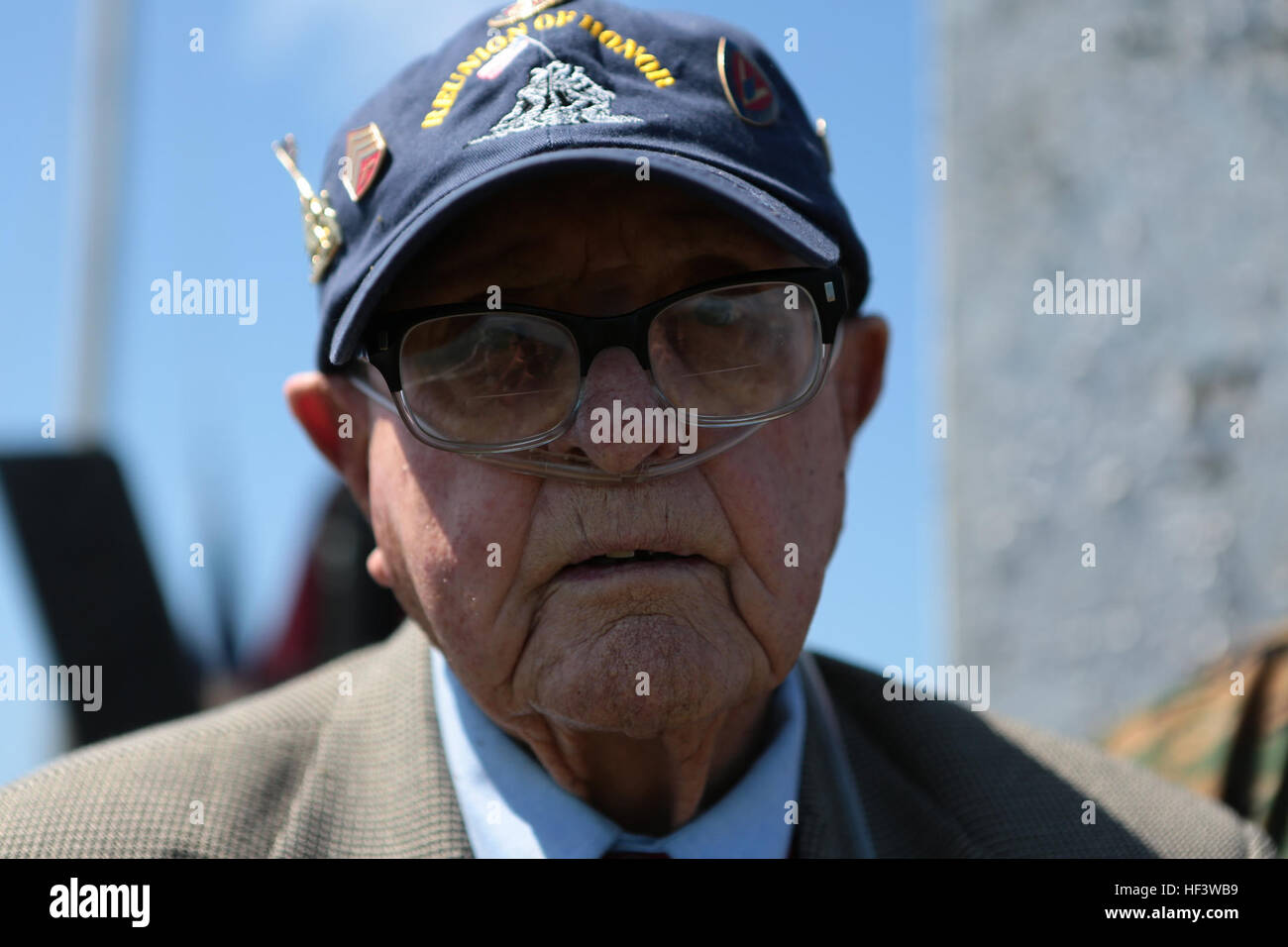 A U.S. Marine Corps veteran of Iwo Jima, Abraham Eutsey, attends the 71st Commemoration of the Battle of Iwo Jima at Iwo To, Japan, March 19, 2016. The Iwo Jima Reunion of Honor is an opportunity for Japanese and U.S. veterans and their families, dignitaries, leaders and service members from both nations to honor the battle while recognizing 71 years of peace and prosperity in the U.S. – Japanese alliance. (U.S. Marine Corps photo by MCIPAC Combat Camera Lance Cpl. Juan Esqueda / Released) Iwo Jima 71st Reunion of Honor 160319-M-JD520-070 Stock Photo