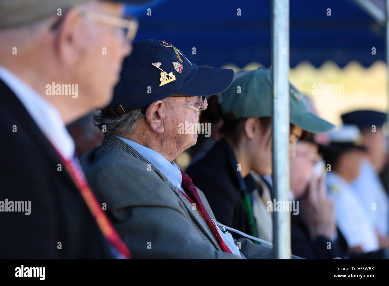 U.S. Marine Corps veterans of Iwo Jima, Gene Bell, left, and Abraham Eutsey, center, attend the 71st Commemoration of the Battle of Iwo Jima at Iwo To, Japan, March 19, 2016. The Iwo Jima Reunion of Honor is an opportunity for Japanese and U.S. veterans and their families, dignitaries, leaders and service members from both nations to honor the battle while recognizing 71 years of peace and prosperity in the U.S. – Japanese alliance. (U.S. Marine Corps photo by MCIPAC Combat Camera Lance Cpl. Juan Esqueda / Released) Iwo Jima 71st Reunion of Honor 160319-M-JD520-138 Stock Photo