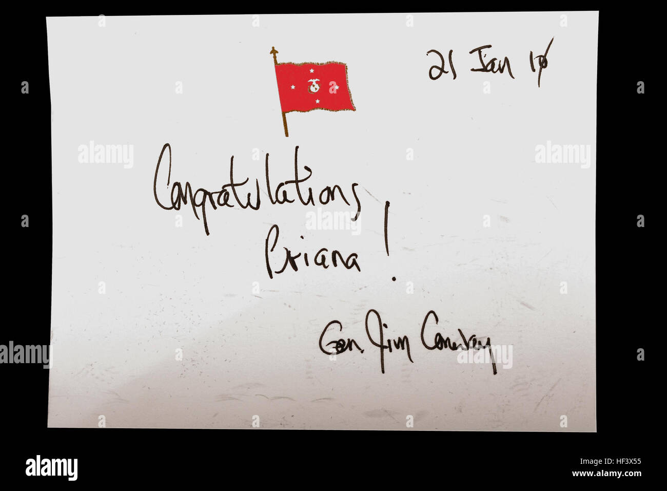 A signed message from Gen. James T. Conway, commandant of the Marine Corps, was included in Briana Menendez' Honorary Marine package. USMC-100122-M-4804L-011 Stock Photo