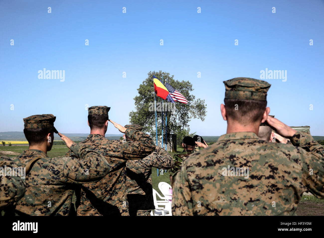 U.S. Marines with Black Sea Rotational Force and Romanian soldiers with 911th Infantry Battalion and 912th Tank Battalion salute during the National Anthems for the closing ceremony of Platinum Lynx 16-4 aboard Babadag Training Area, Romania, April 21, 2016. The purpose behind Platinum Lynx is to improve readiness and increase Marines’ ability to work seamlessly with other NATO and partner nations around the world. (U.S. Marine Corps photo by Cpl. Immanuel M. Johnson/Released) Service members improve partnership through mechanized training 160422-M-PJ201-004 Stock Photo