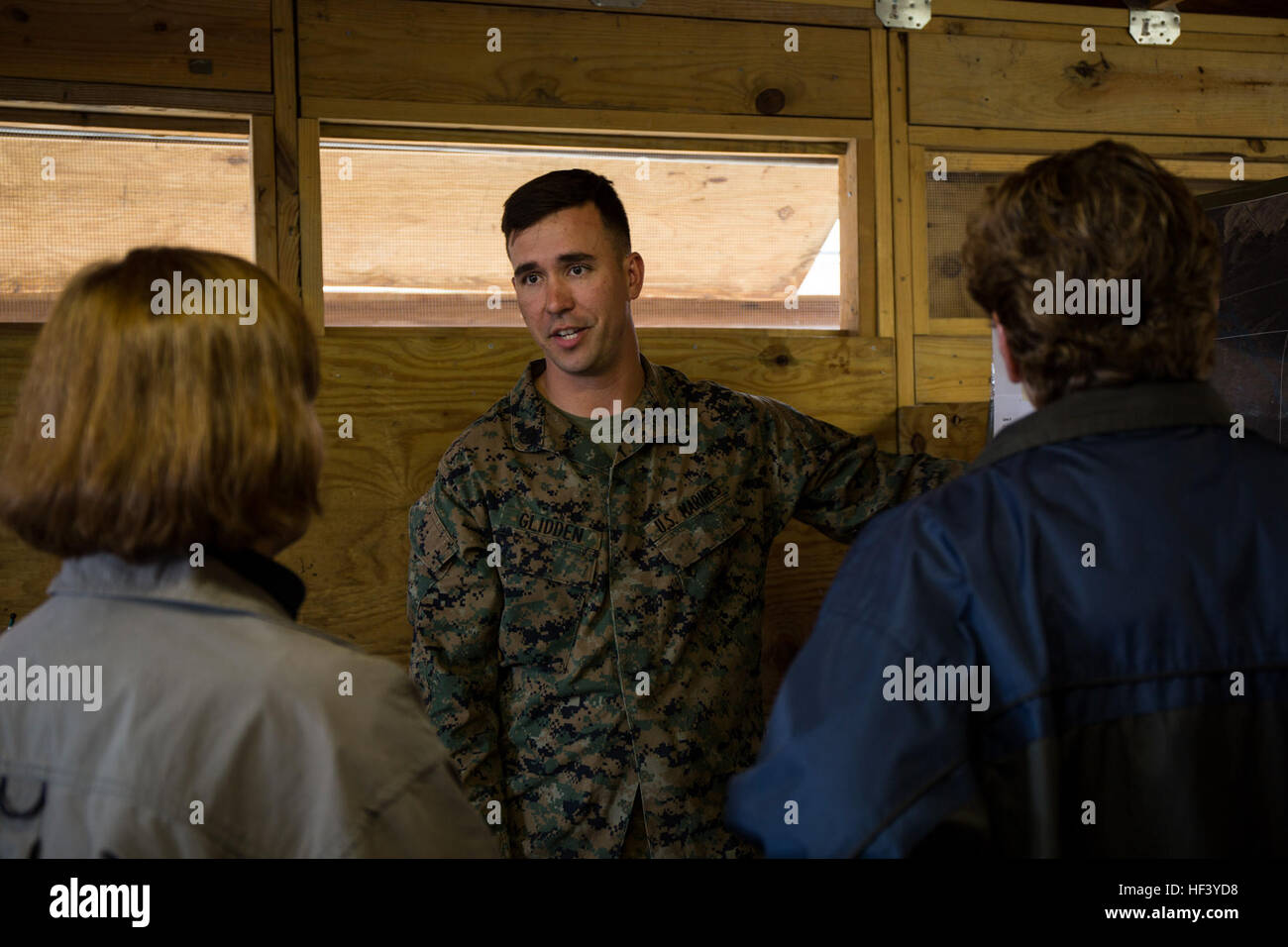 U.S. Marine Corps Staff Sgt. Nickolas Glidden, center, combat instructor, Fox Company, Marine Combat Training Battalion, School of Infantry-East, briefs  members from the Defense Advisory Committee on Women in the Services (DACOWITS) during a command visit at Camp Geiger, North Carolina, May 4, 2016. The purpose of the DACOWITS is to provide advice and recommendations on matters and policies relating to the recruitment, retention, treatment, employment, integration, and well being of highly qualified professional women in the Armed Forces. (U.S. Marine Corps Photo By Sgt. Katelyn Hunter, SOI-E Stock Photo