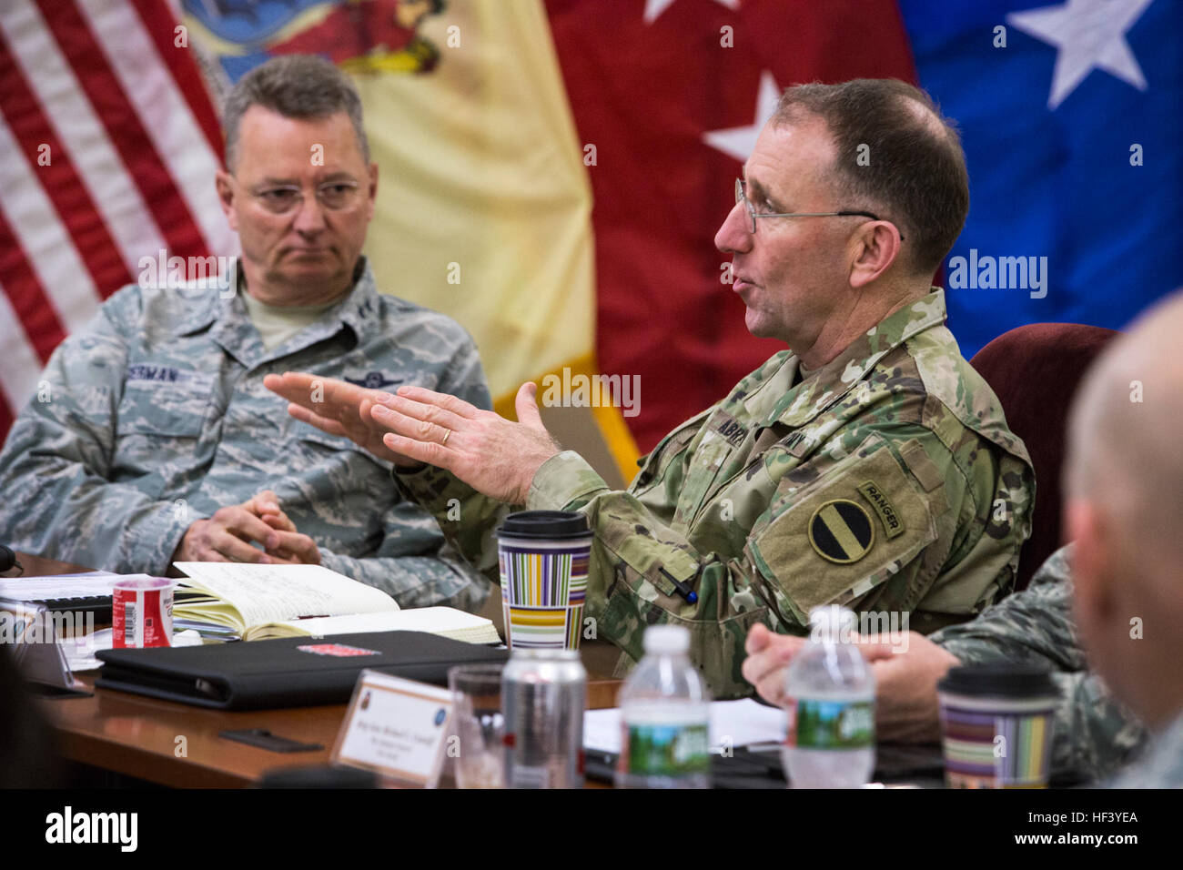 Gen. Robert B. Abrams, Commander, U.S. Army Forces Command, meets with the adjutants’ generals and their representatives from Federal Emergency Management Agency Regions 1 and 2, which includes Connecticut, Maine, Massachusetts, New Hampshire, New Jersey, New York, Puerto Rico, Rhode Island, Vermont, and the Virgin Islands, at the New Jersey National Guard's Joint Training and Training Development Center, at Joint Base McGuire-Dix-Lakehurst, N.J., May 5, 2016. The meeting is a part of a series of engagements between the FORSCOM commander and adjutants general that provide a forum for informati Stock Photo