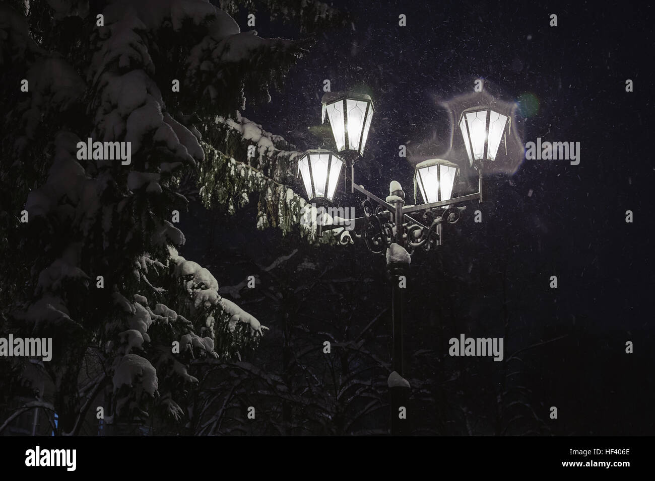 Street lamps in snowfall close up photo Night. Stock Photo