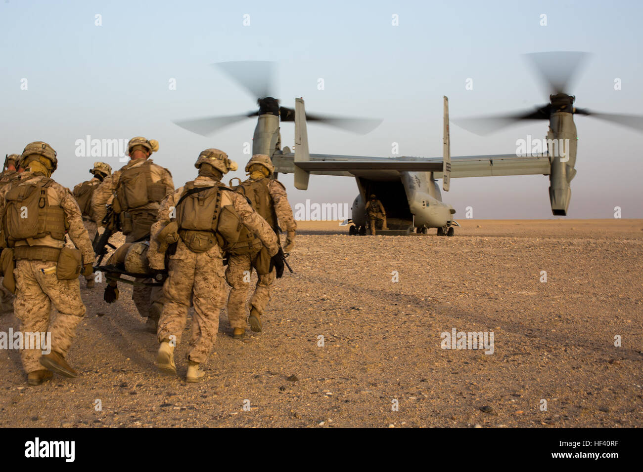 U.S. Marines with 2nd Battalion, 7th Marine Regiment, Special Purpose Marine Air Ground Task Force - Crisis Response - Central Command, carry a simulated casualty to an MV-22 Osprey during a Tactical Recovery of Aircraft and Personnel exercise at an undisclosed location in Southwest Asia, May 23, 2016. SPMAGTF-CR-CC is ready to respond to any crisis response mission in theater to include the employment of a TRAP force. (U.S. Marine Corps photo by Cpl. Trever Statz/Released) SPMAGTF-CR-CC conducts TRAP Exercise (Image 1 of 10) 160523-M-OB347-197 Stock Photo