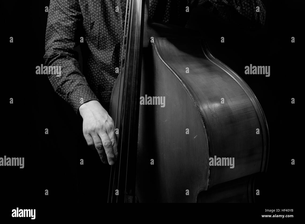 Atmospheric black and white image of a string contra bass with a man's hand in the photo Stock Photo