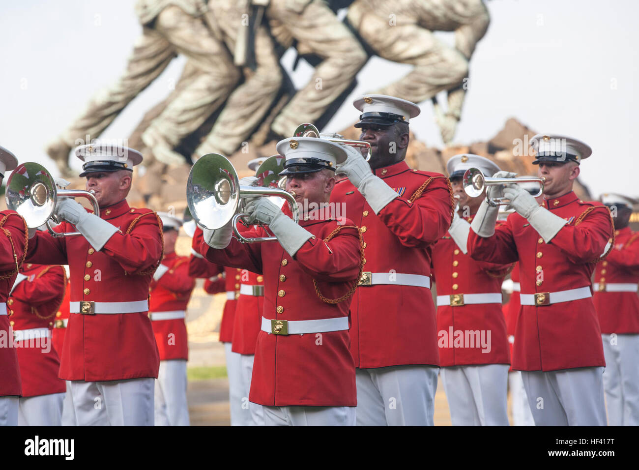 The Marine Corps Drum and Bugle Corps conducts a sunset parade at the ...