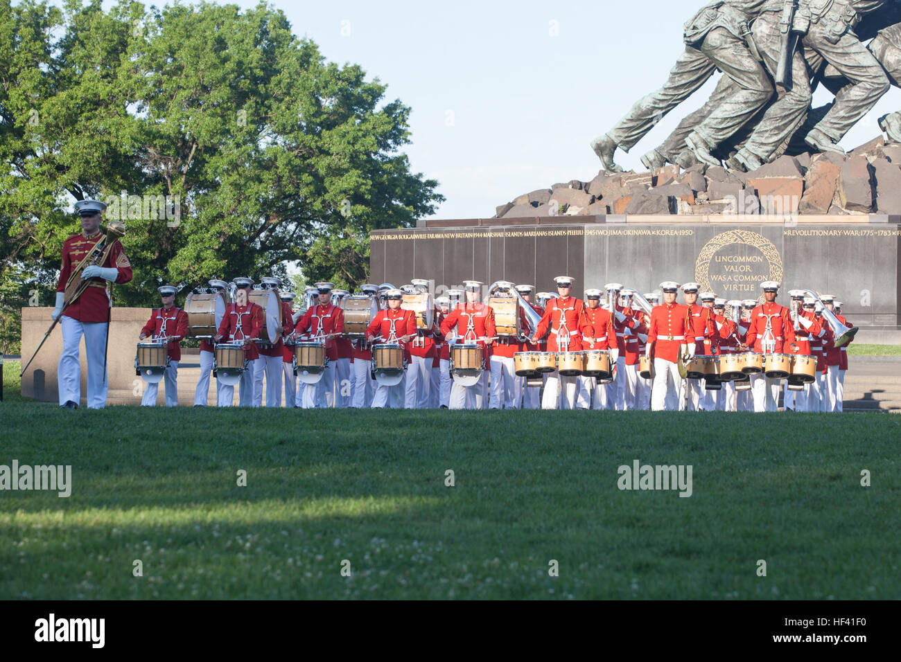 U.S. Marines with the Marine Corps Drum and Bugle Corps perform during