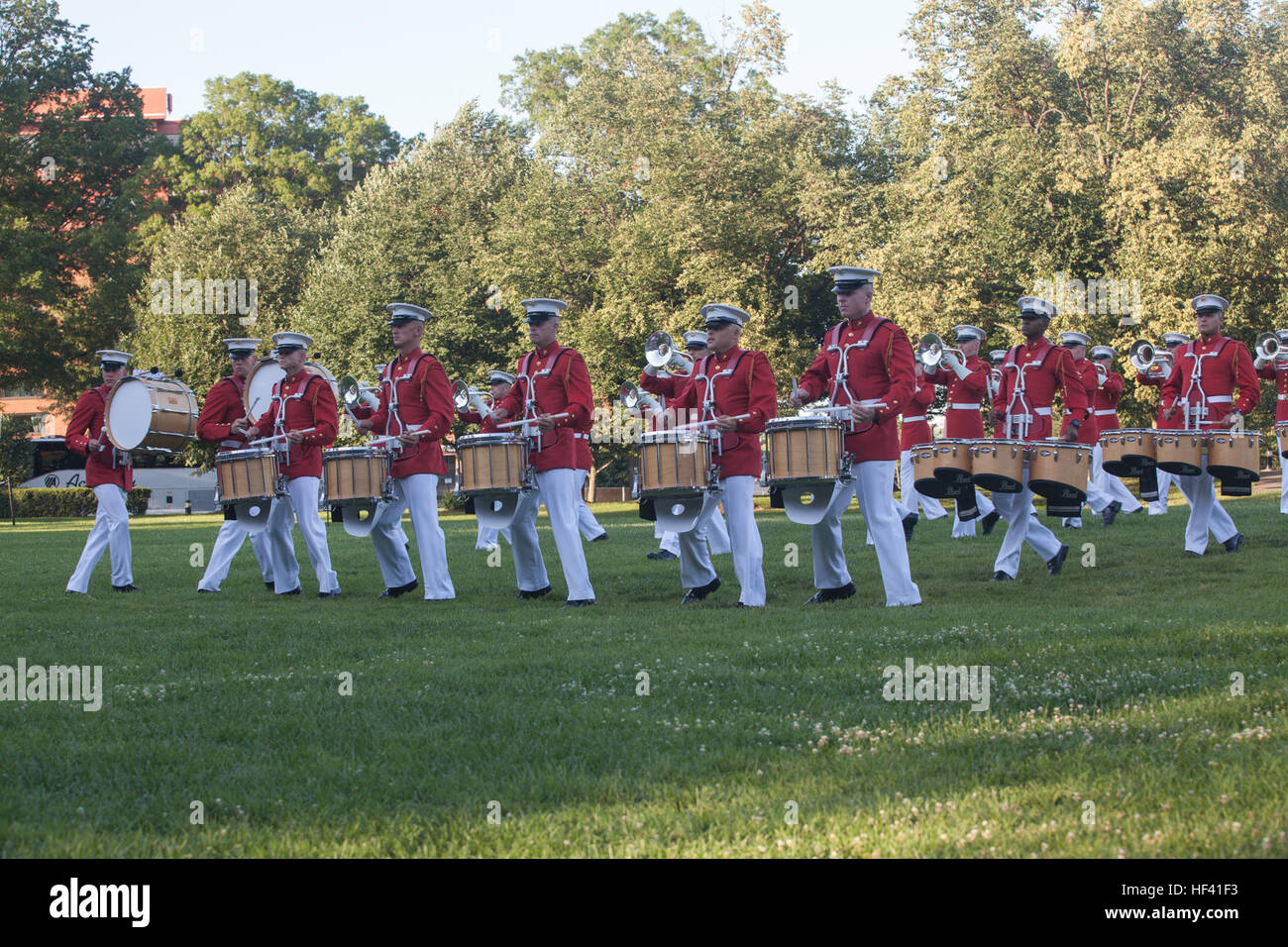 U.S. Marines with the Marine Corps Drum and Bugle Corps perform during