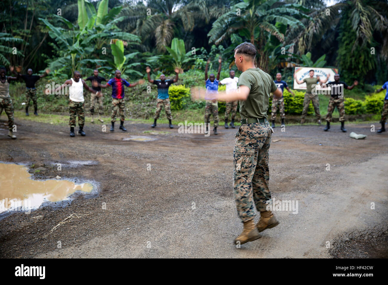 Cpl. Mitchell York, a rifleman with Special Purpose Marine Air-Ground Task Force Crisis Response-Africa, leads Cameroonian soldiers with Forces Fusiliers Marins et Palmeurs de Combat, in physical exercise during the early morning in Limbé, Cameroon, June 29, 2016.  Marines share tactics, techniques and skills with the FORFUMAPCO soldiers to combat the illicit trafficking in Cameroon.  (U.S. Marine Corps photo by Cpl. Alexander Mitchell/released) SPMAGTF-CR-AF shares tactics with the next line of soldiers 160629-M-ML847-071 Stock Photo